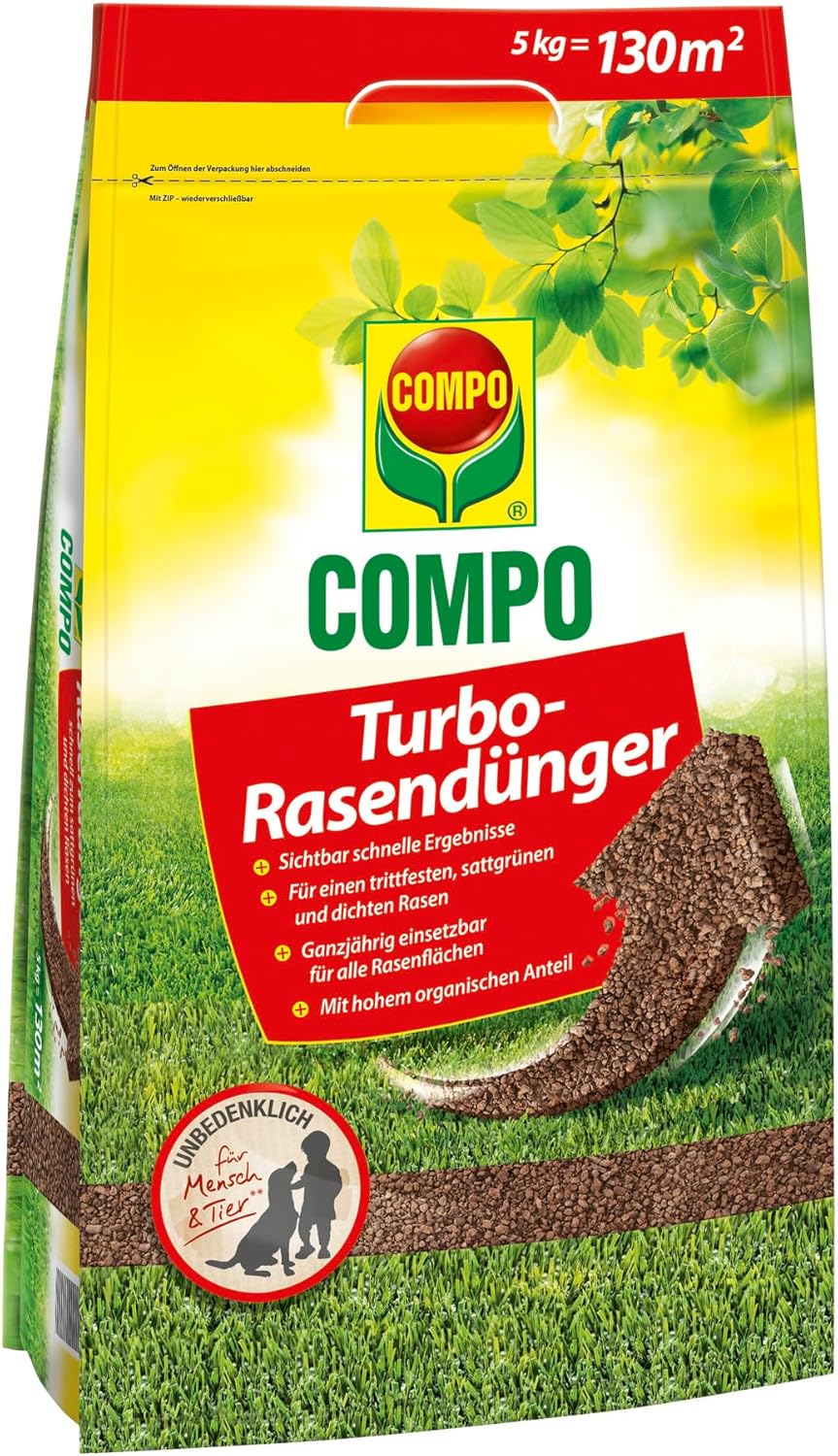 COMPO Turbo-Rasendünger - leistungsstarker Rasendünger für alle Rasenflächen - für schnelle Ergebnisse - 5 kg für 130 m²