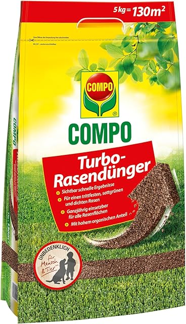 COMPO COMPO Turbo-Rasendünger - leistungsstarker Rasendünger für alle Rasenflächen - für schnelle Ergebnisse - 5 kg für 130 m² — Saat & Dünger