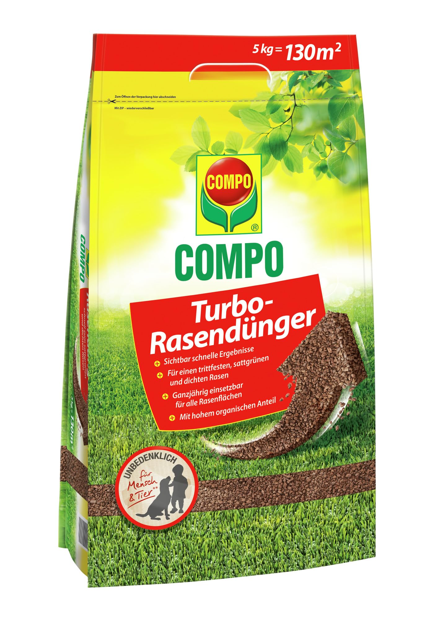 COMPO Turbo-Rasendünger - leistungsstarker Rasendünger für alle Rasenflächen - für schnelle Ergebnisse - 5 kg für 130 m²