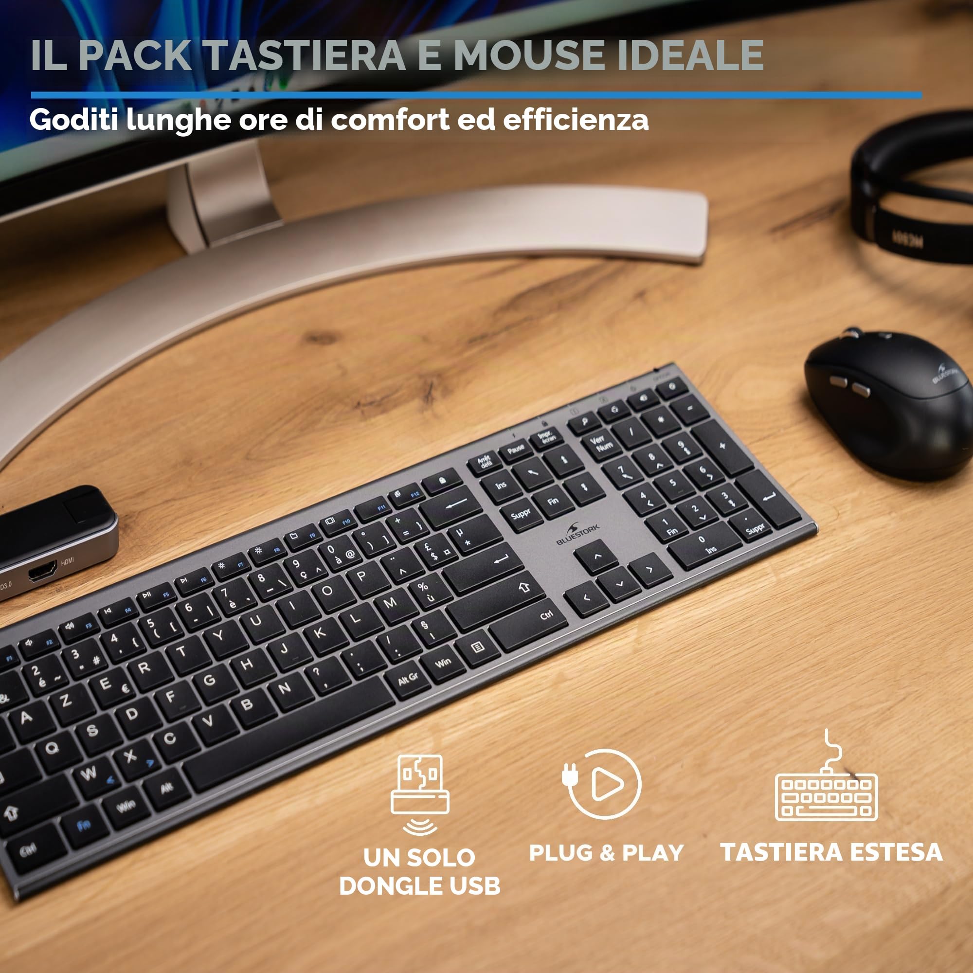 BlueElement - Set Tastiera e Mouse Wireless Grafica Smart Dongle AZERTY FR | Wireless Smart Dongle, Clic Silenziosi, Design Ultra Sottile, Ergonomico, Ricaricabile, Nero, Compatibile PC