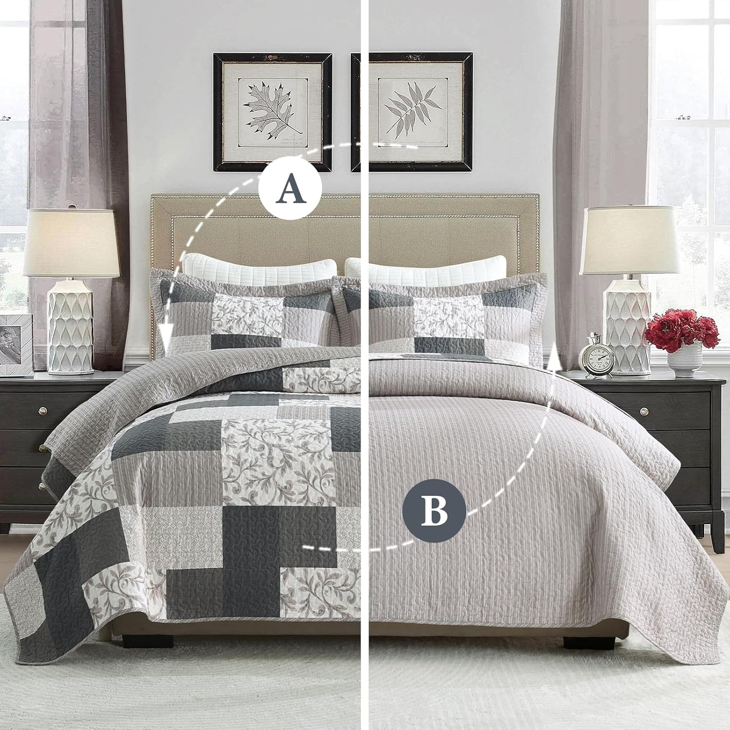 Finlonte King Quilt Bedding Set - 100% Cotton Quilts, Plaid King Size Quilt, Farmhouse Botanical Quilt Sets, Lightweight Bedspread Coverlet for All Seasons, 3 Piece, 98"x106" - Image 7