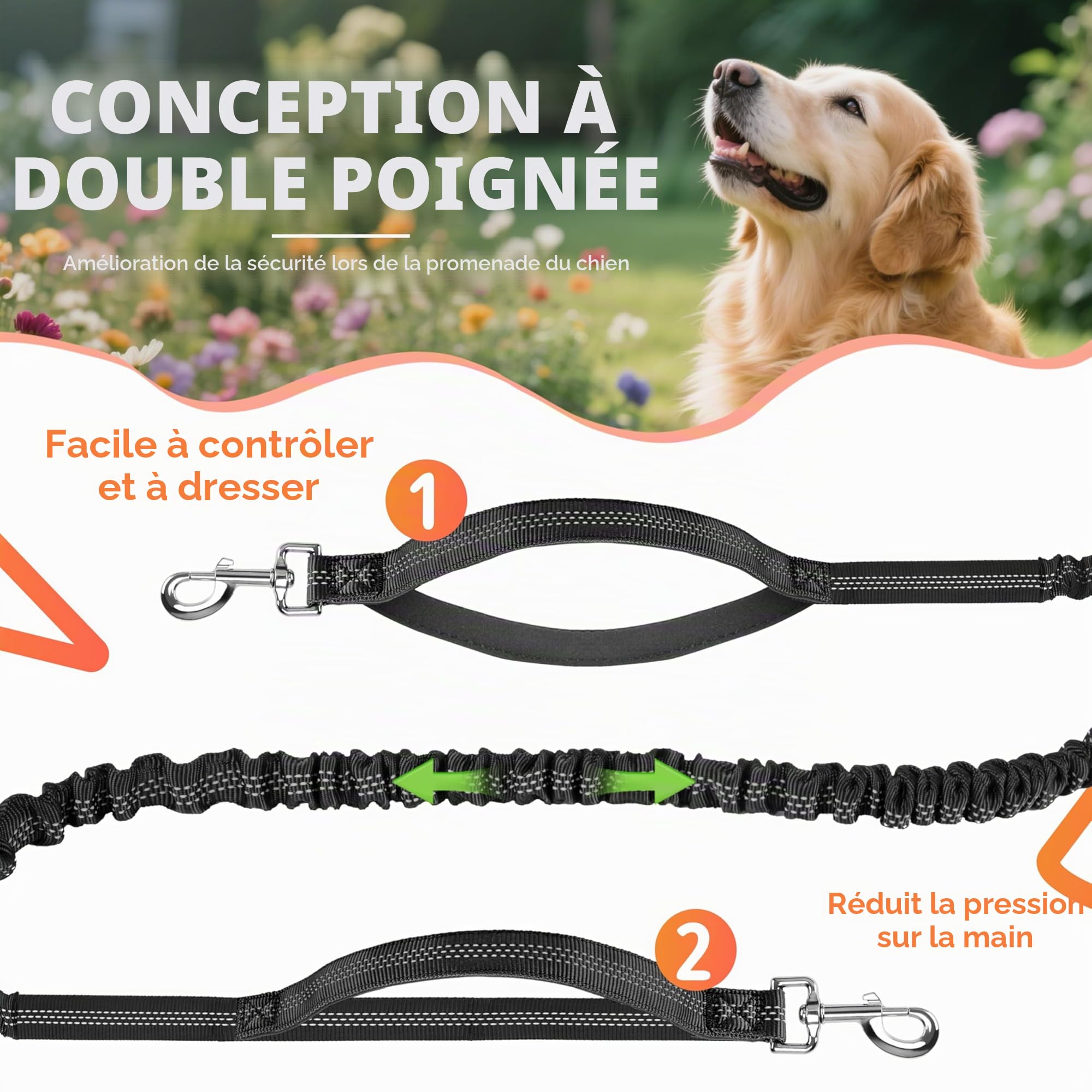 Laisse Canicross Chien, Laisse Main Libre pour Chiens, Longe de Jogging Élastique 160-220cm, Anti-tirons, Réfléchissant, Ceinture Réglable, Double Poignée pour Course à Pied, Marche
