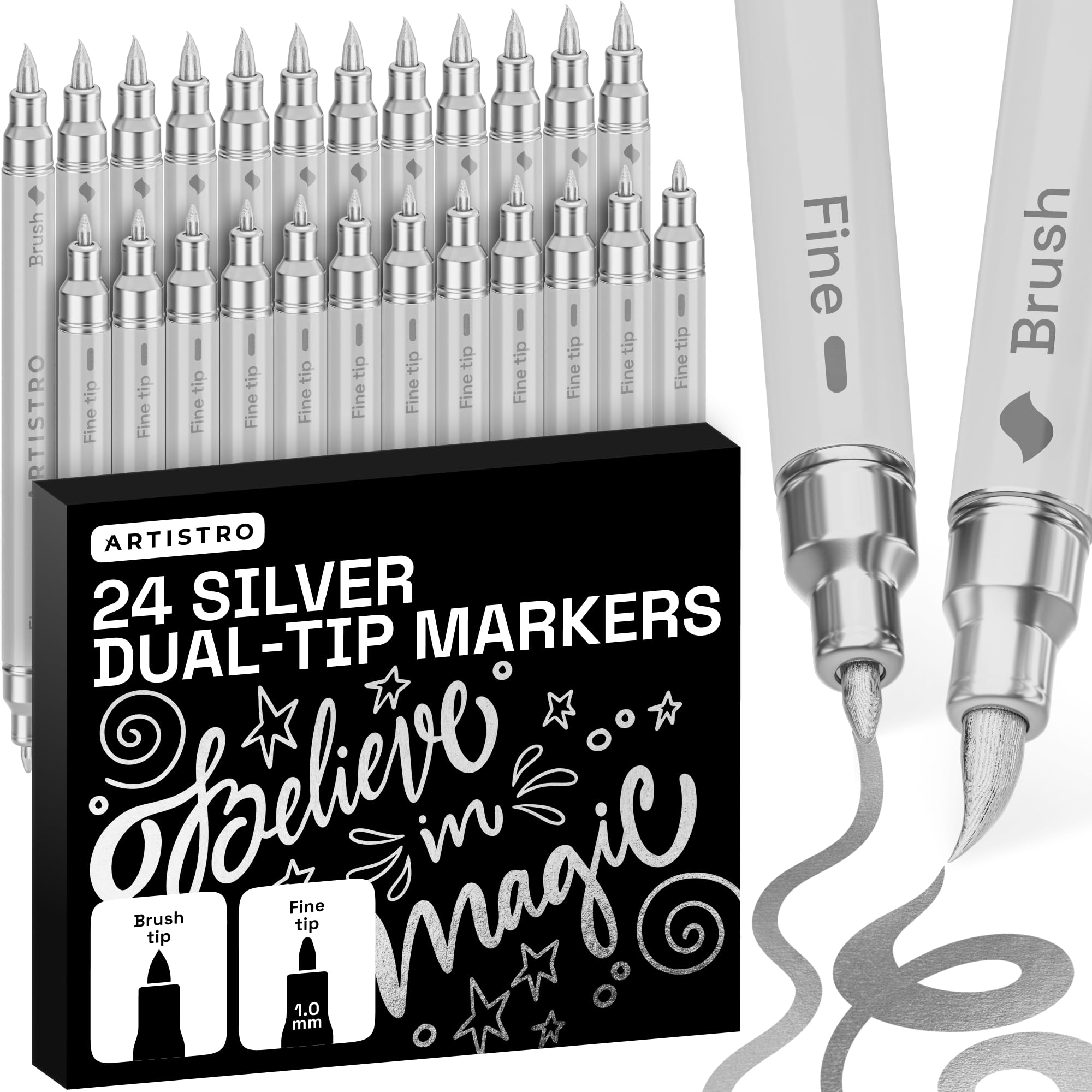 ARTISTRO 24 Silver Dual-Tip Acrylic Paint Marker Pens for Drawing