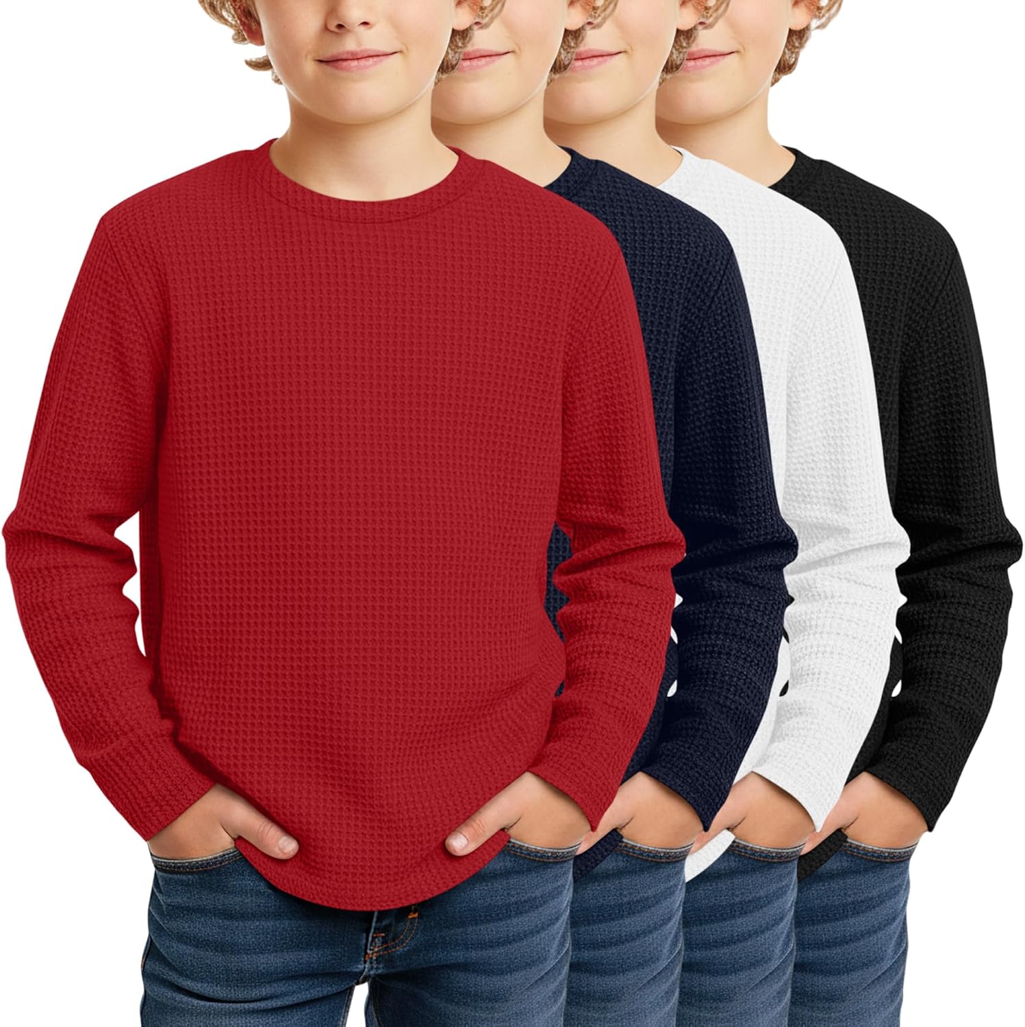 4 Pack Boys Long Sleeve Shirts Crewneck Kids Waffle Knit T Shirts Toddler Boy Thermal Casual Tops Tees 5-14 Years