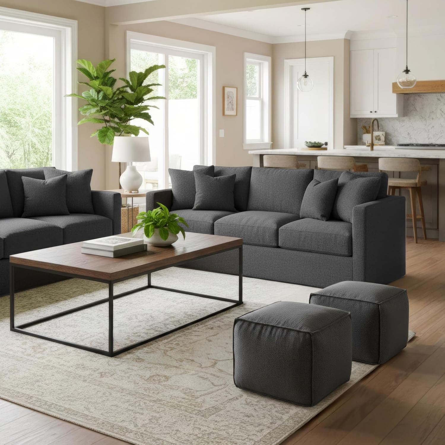 ZICOTO Beautiful Boucle Pouf Ottoman and Foot Rest - Elevate Your Living Room Decor with Lightweight Comfort and Charm - A Round Modern Foam Filled Foot Stool Perfect to Rest Your Feet Dark Grey 1 pcs 