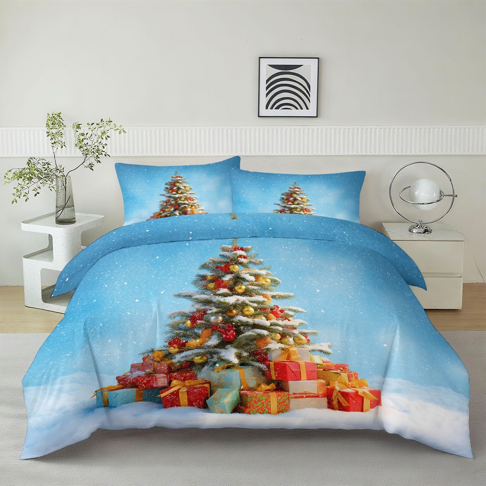 Poszwa na kołdrę na łóżko 105 cm Motyw bożonarodzeniowy Choinka Prezenty, Niebieski Miękki Zestaw pościeli z mikrofibry Poszwa na kołdrę 200 x 200 cm i 2 x Poszewki na poduszki 50 x 75 cm