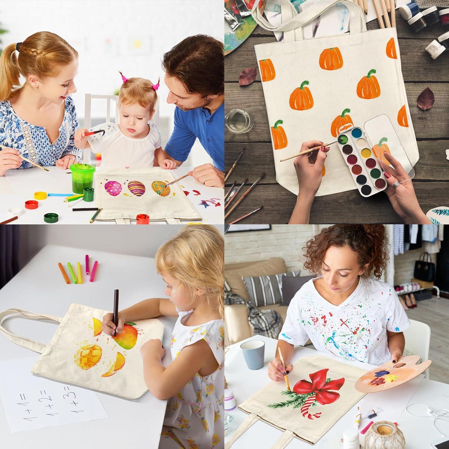 Faylapa 6 Pack Canvas Tote Bags, Heavy Duty Reusable Grocery Shopping Bag 13.6"x 15.3" Blank Cotton Bags for Decorating Christmas Crafts DIY, Painting(Beige) - Image 2