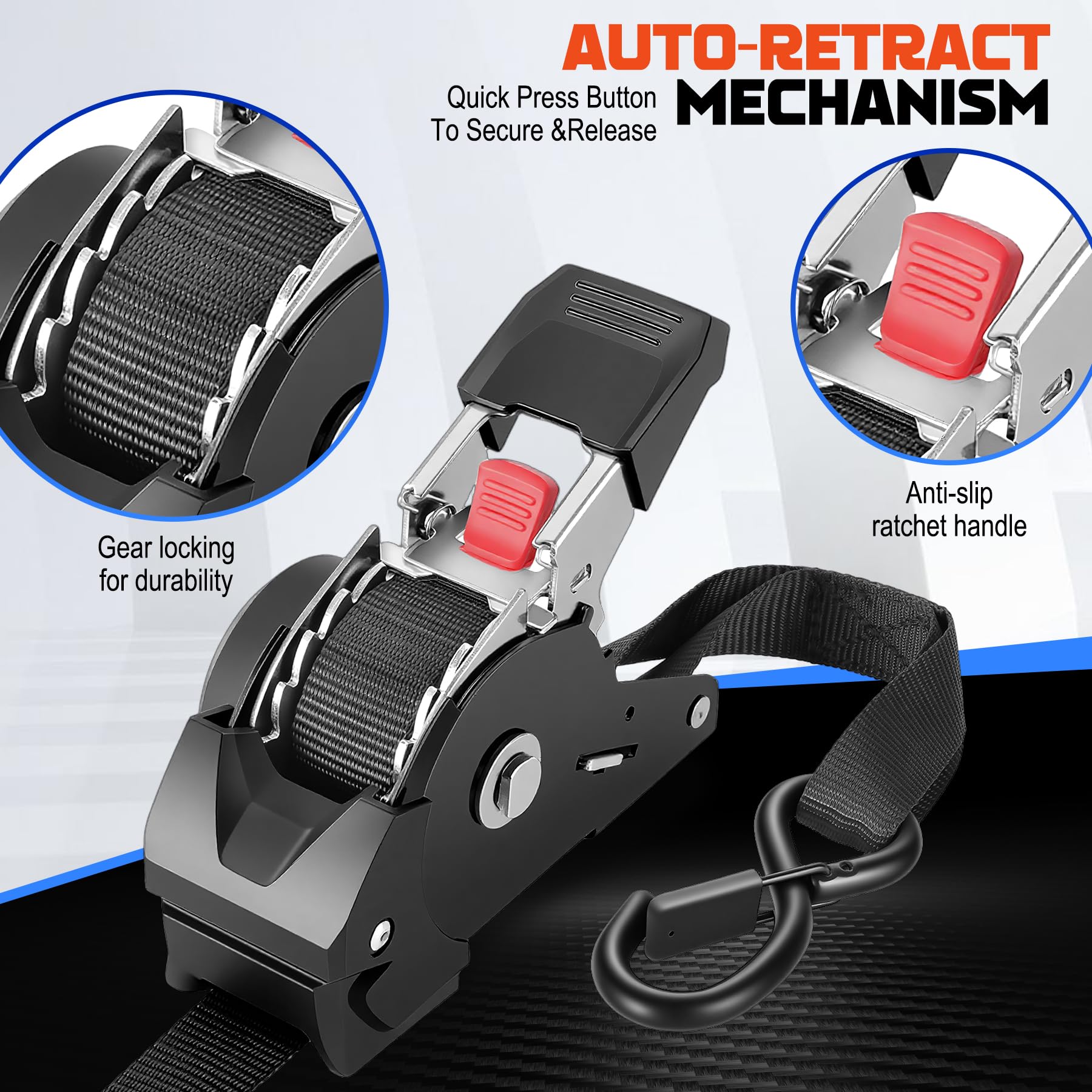 VAYALT 2 Pezzi Cinghie a Cricchetto Automatiche, Cinghia di Serraggio Automatica con Ganci a S di Sicurezza 25mm x 3m, Cinghie di Fissaggio, Resistenza Rompere 750kg, per Camion, Rimorchio, Kayak