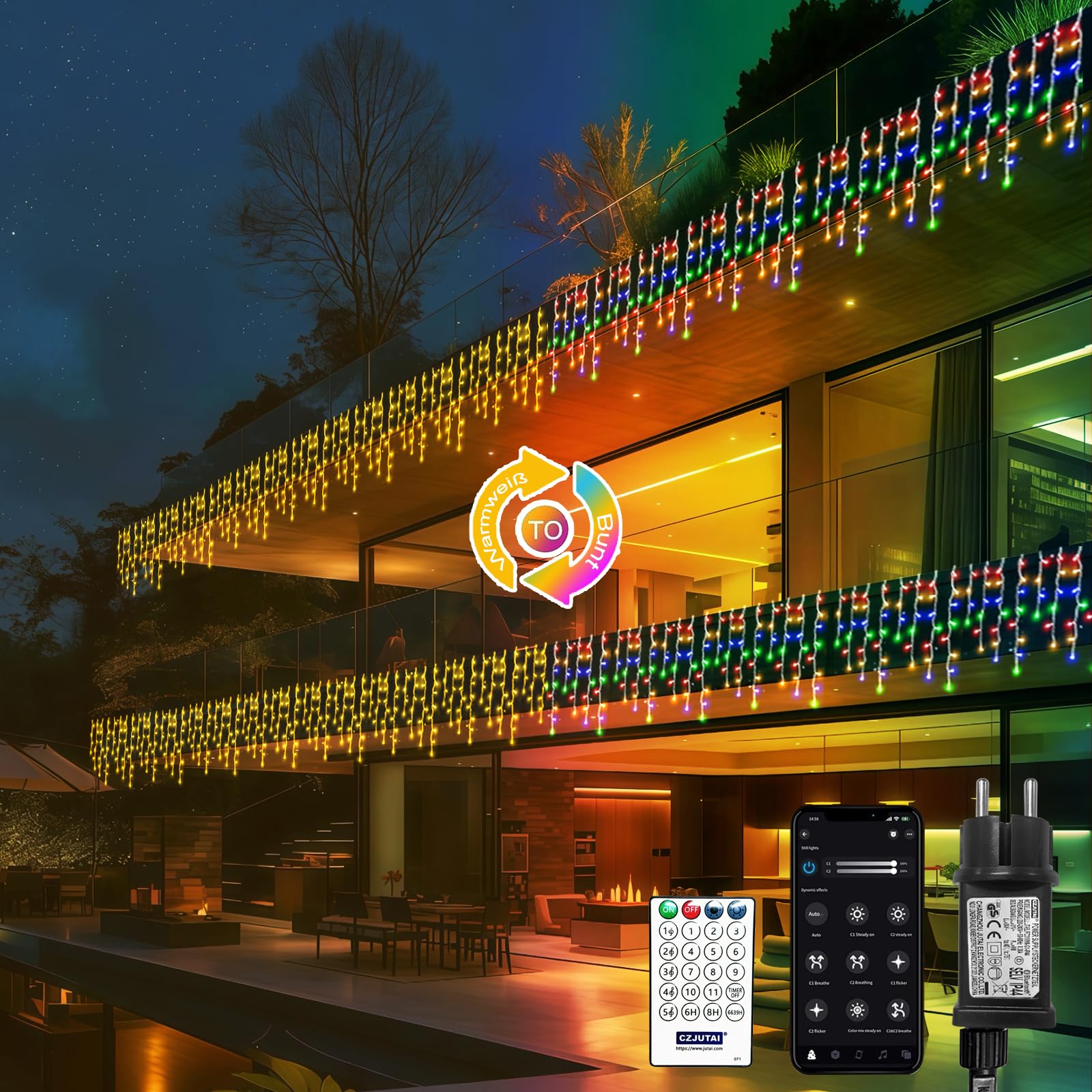 Eisregen Lichterkette mit App Steuerung, Lichterkettenvorhang mit musikalischem Rhythmus, IP44 wasserdicht, 17 Modi, App-Timer & Fernbedienung für Wohnzimmer Hochzeit Weihnachten Party Halloween