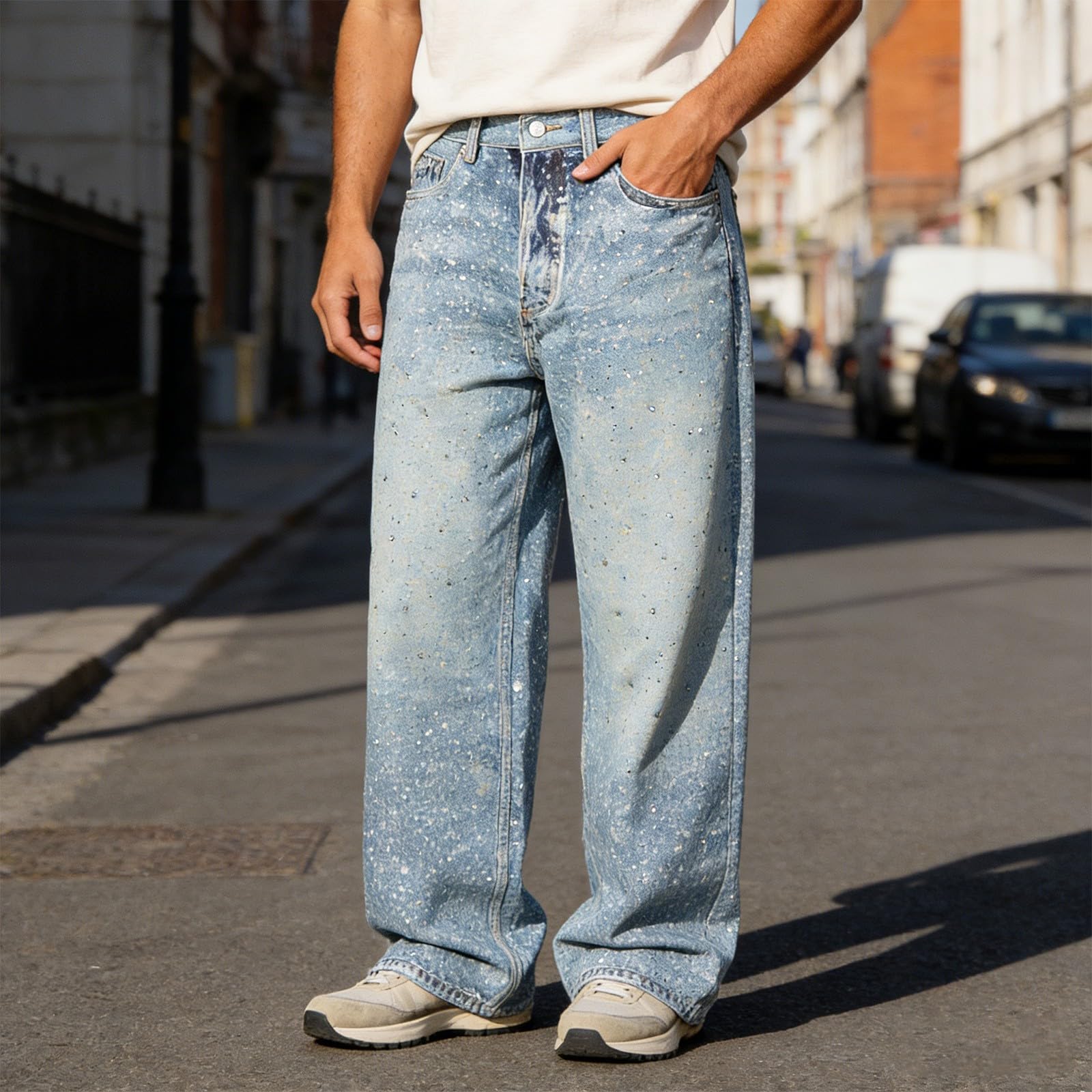 Jeans da uomo High Street con strass e paillettes, per il tempo libero, stile Y2K, casual, comodi, in denim, larghi e dritti, stile hip hop, streetwear
