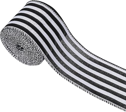 ZIRURUTON Cinta decorativa con alambre de rayas blancas y negras para árbol de Navidad, cinta de rayas de Navidad para envolver regalos,