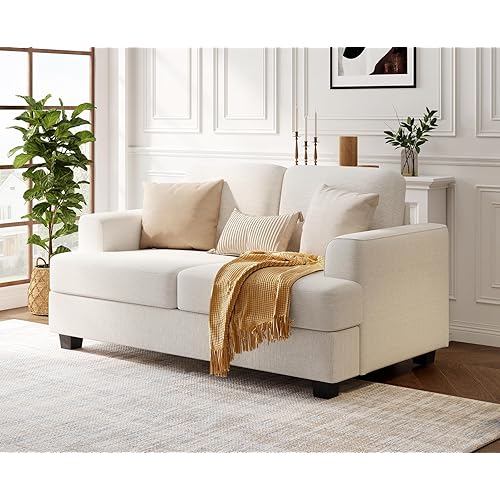 KKL 58 Inches Loveseat Sofa, Comfy Cloud Couch with Deep Seats, Love Seat Couches for Living Room, Chenille Fabric, Wood Frame, Easy Assembly, Beige