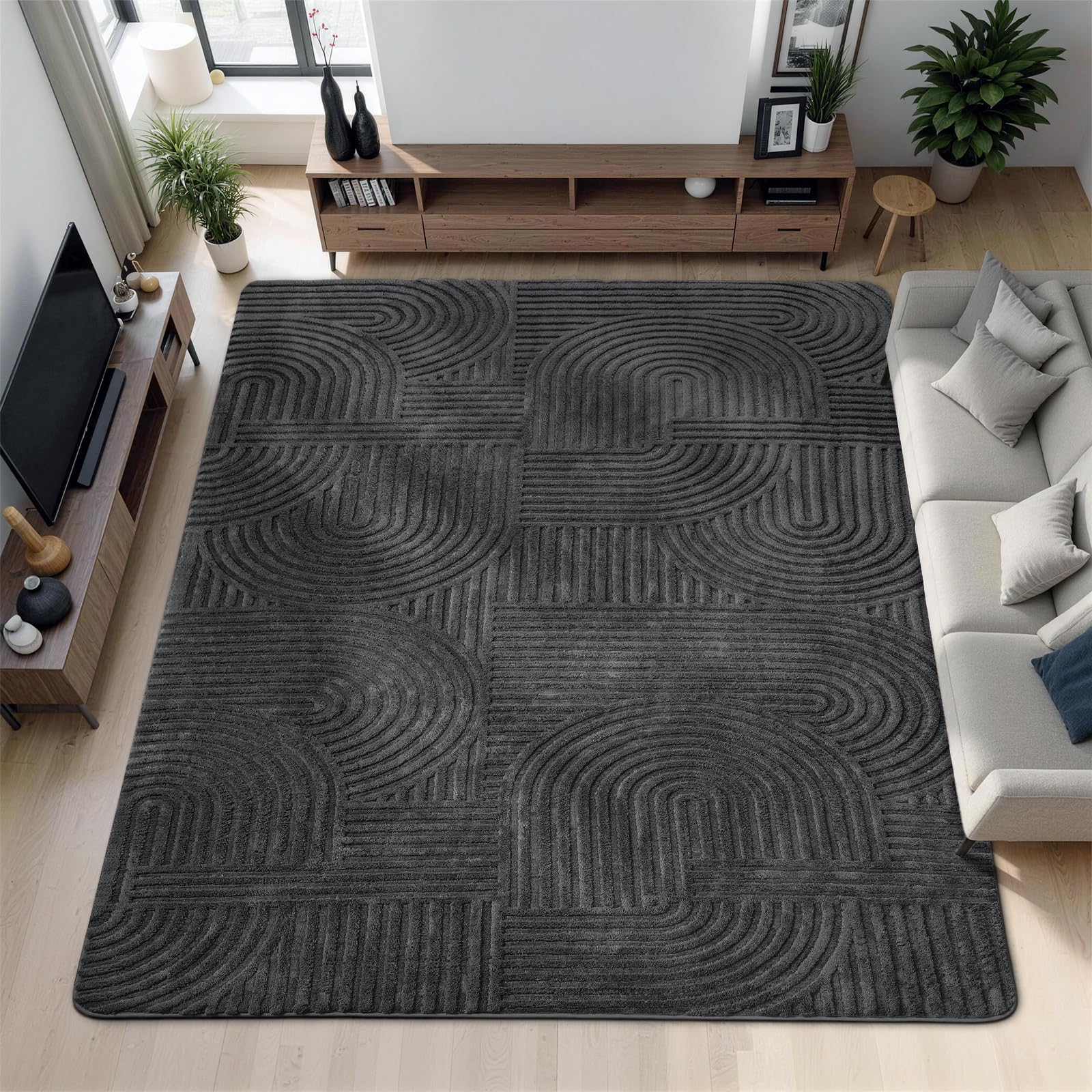 BYBSRLL Large Rugs Living Room 200 x 300cm, Dark Grey Soft Fluffy Area Rugs for Bedroom Modern Non Slip Washable Rug Living Room Low Pile Floor Carpet Mat for Kids Room Kitchen Office, Curve