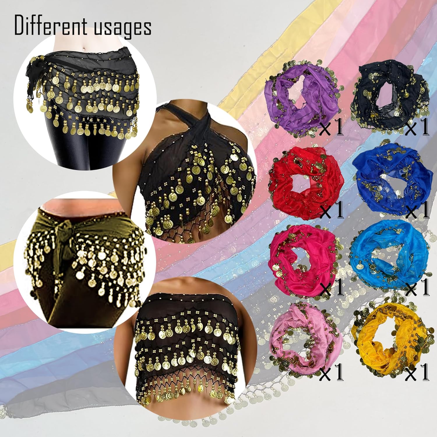 8Pcs Belly Dance Hip Scarf For Women 128 Gold Coins Belly Dancing Skirt Wrap Set Bling Sequins Performance Costume Beaded Belt Outfits Accessories Waist Chains