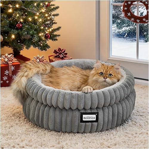 BALANCE Cama para gatos, cama para gatitos, camas redondas lavables para gatos de interior, cama de felpa súper suave de piel sintética para