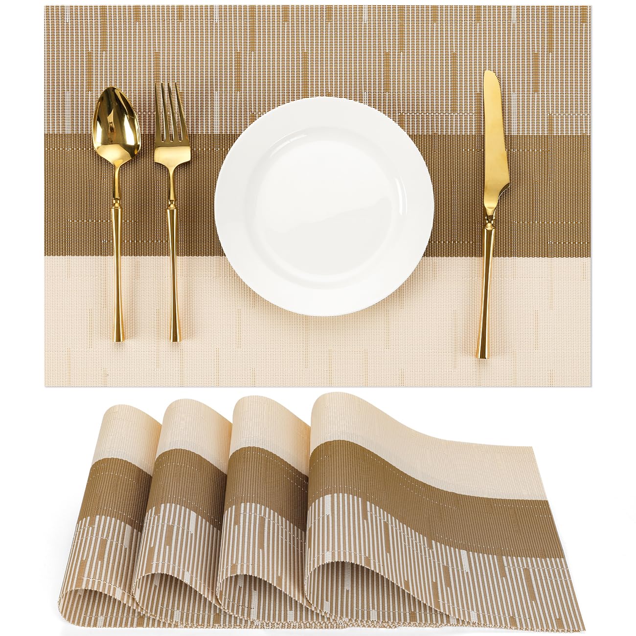 Chitomars Placemats Set of 4, Vinyl Woven Place Mats Indoor Set of 4 Washable Wipeable PVC Table Mats Heat-Resistant Non Slip Placemat for Kitchen Dining Outdoor Table (Beige Light Brown, Set of 4)