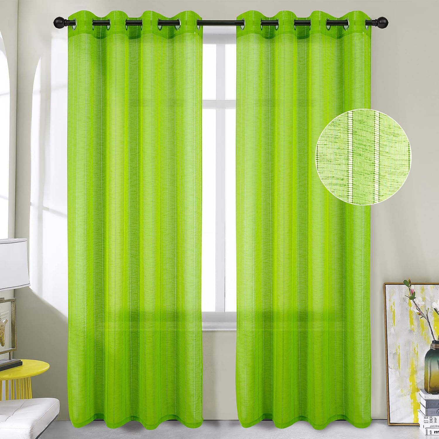 Tony's collection Lime Green Sheer Curtains 63 Inch Length 2 Panels, Fancy Holly