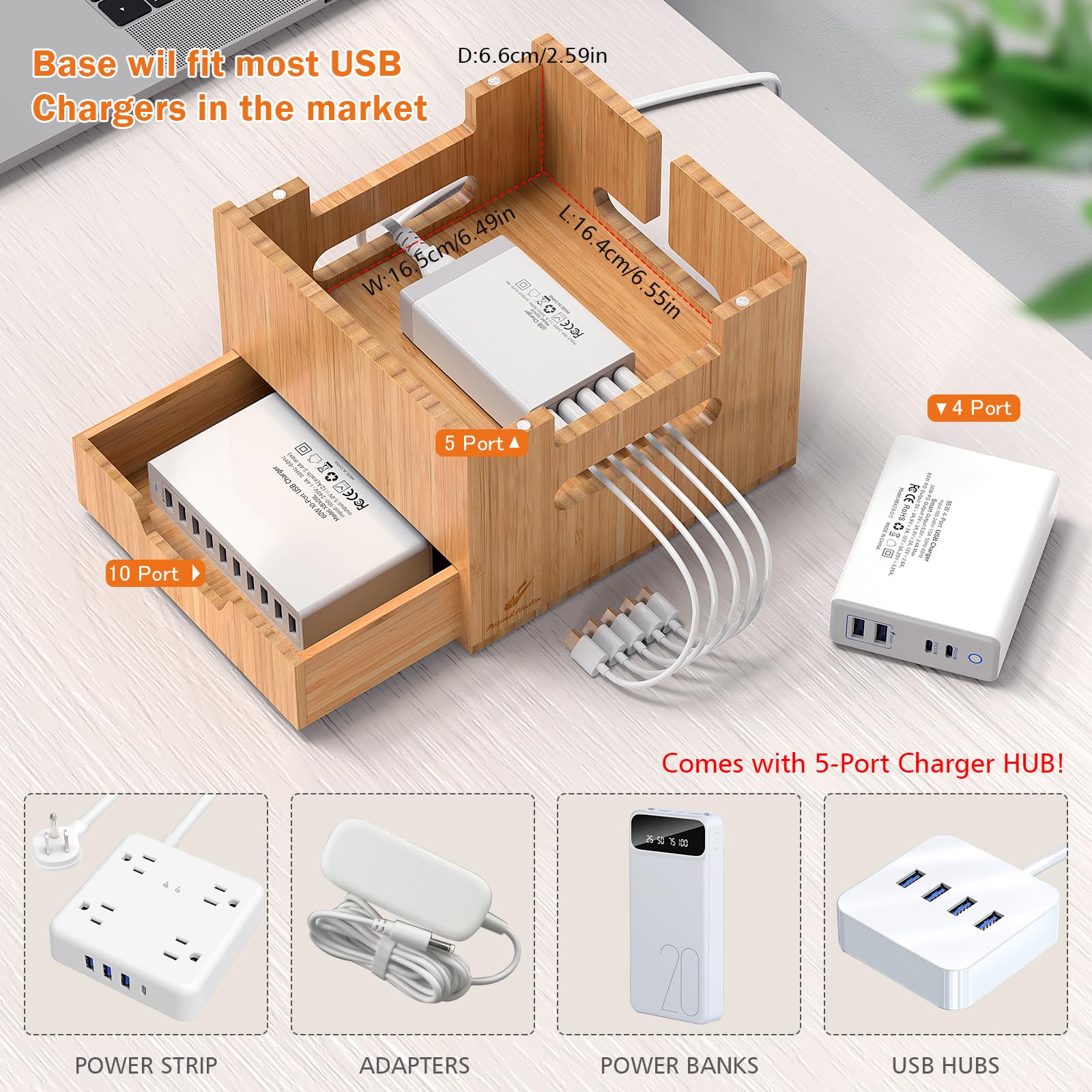 Stazione di ricarica multidispositivo, con adattatore HUB per caricabatterie, organizer per dock di grandi dimensioni con cassetto, compatibile con telefoni, tablet, auricolari (6 cavi misti inclusi)