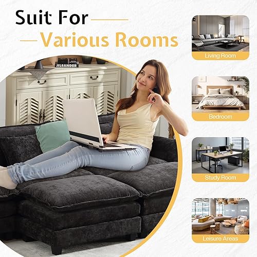 Miniatura 7 de Sofá seccional, sofá modular de nube con otomana, sofás de asiento profundo con almohadas, cómodo sofá biplaza de felpilla para sala de estar,