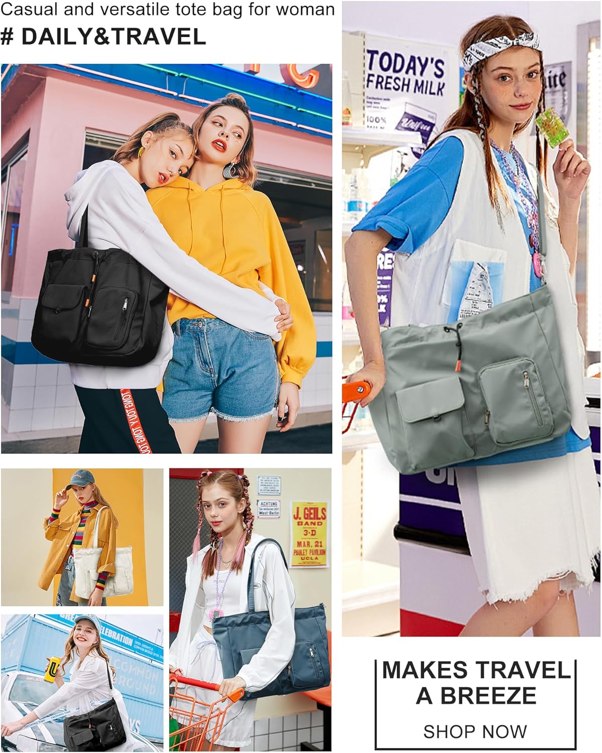 BJLFS Tote Bags for Women with Toiletry Bag Sets Carry on bag Handbag Waterproof Casual Travel Beach Bag Crossbody Bag for Gym Work Travel School Shopping Black