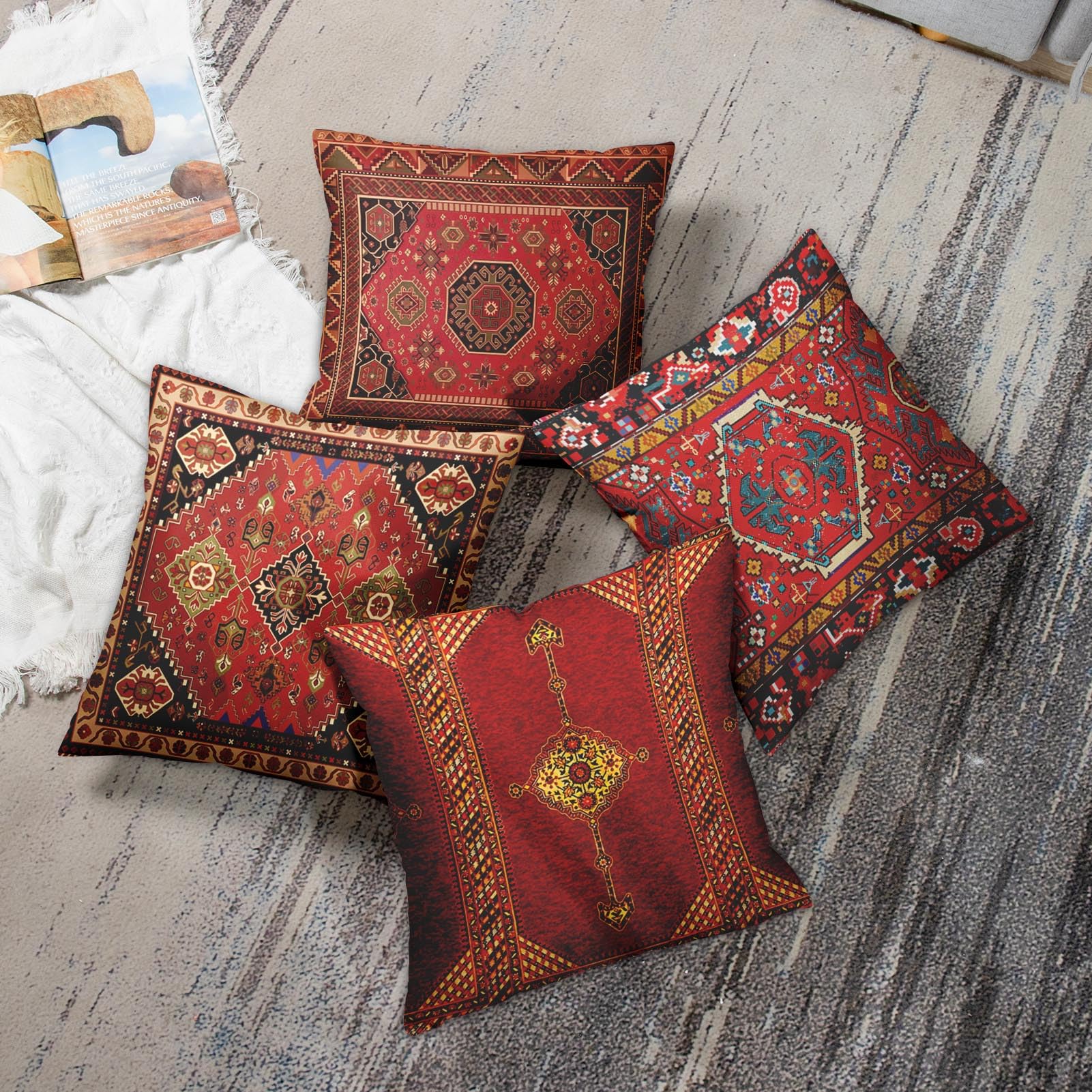 Britimes Throw Pillow Covers Geometric Kilim Moroccan Home Decor Set of 4 Oriental Ikat Pillow Cases Living Room Decorative 18 x 18 Inches Cushion Couch Sofa Pillowcases Colorful Red Tribal