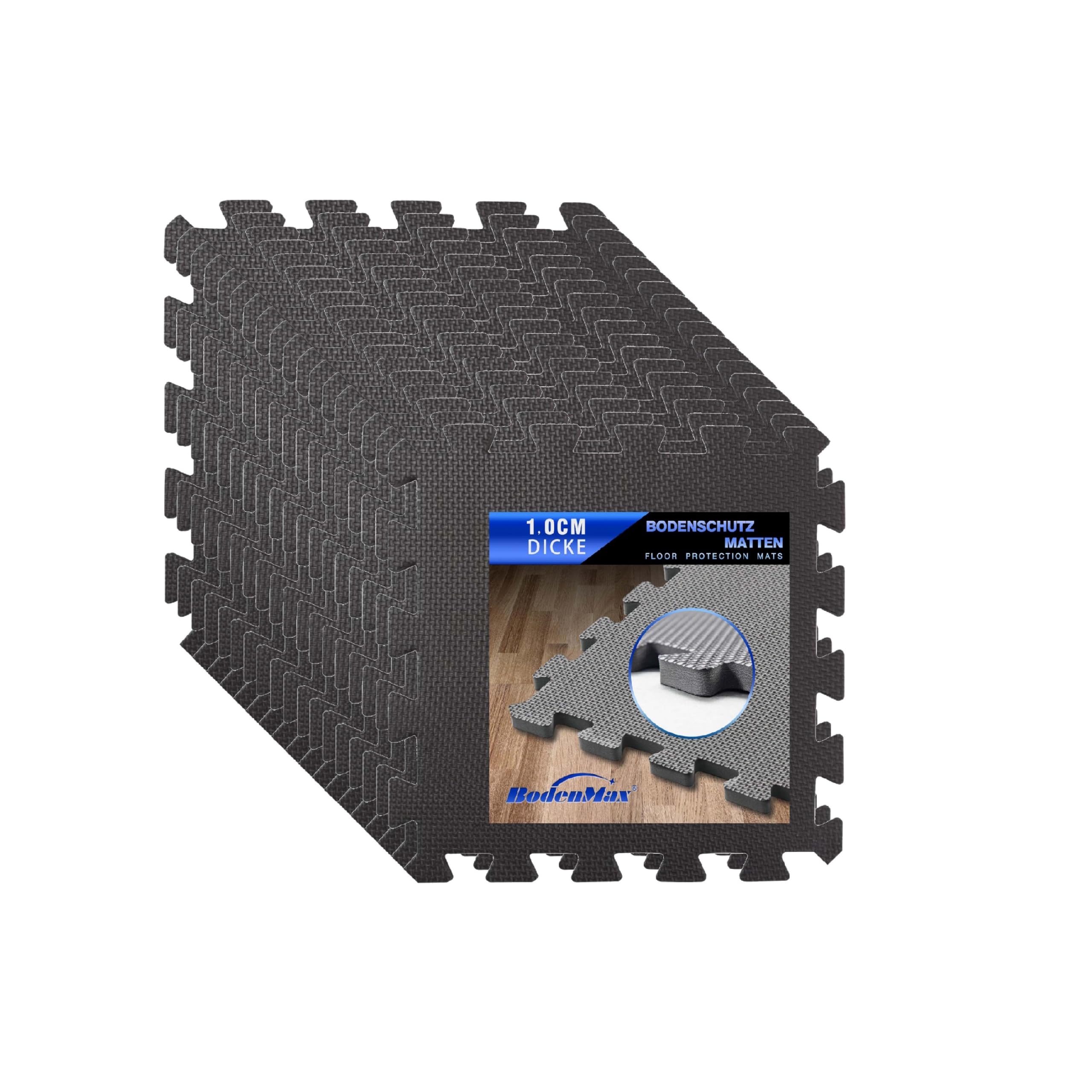 Bodenschutzmatte Puzzlematte – rutschfest, stoßdämpfend – Eva 30x30x1cm, 18 Stück, Schwarz