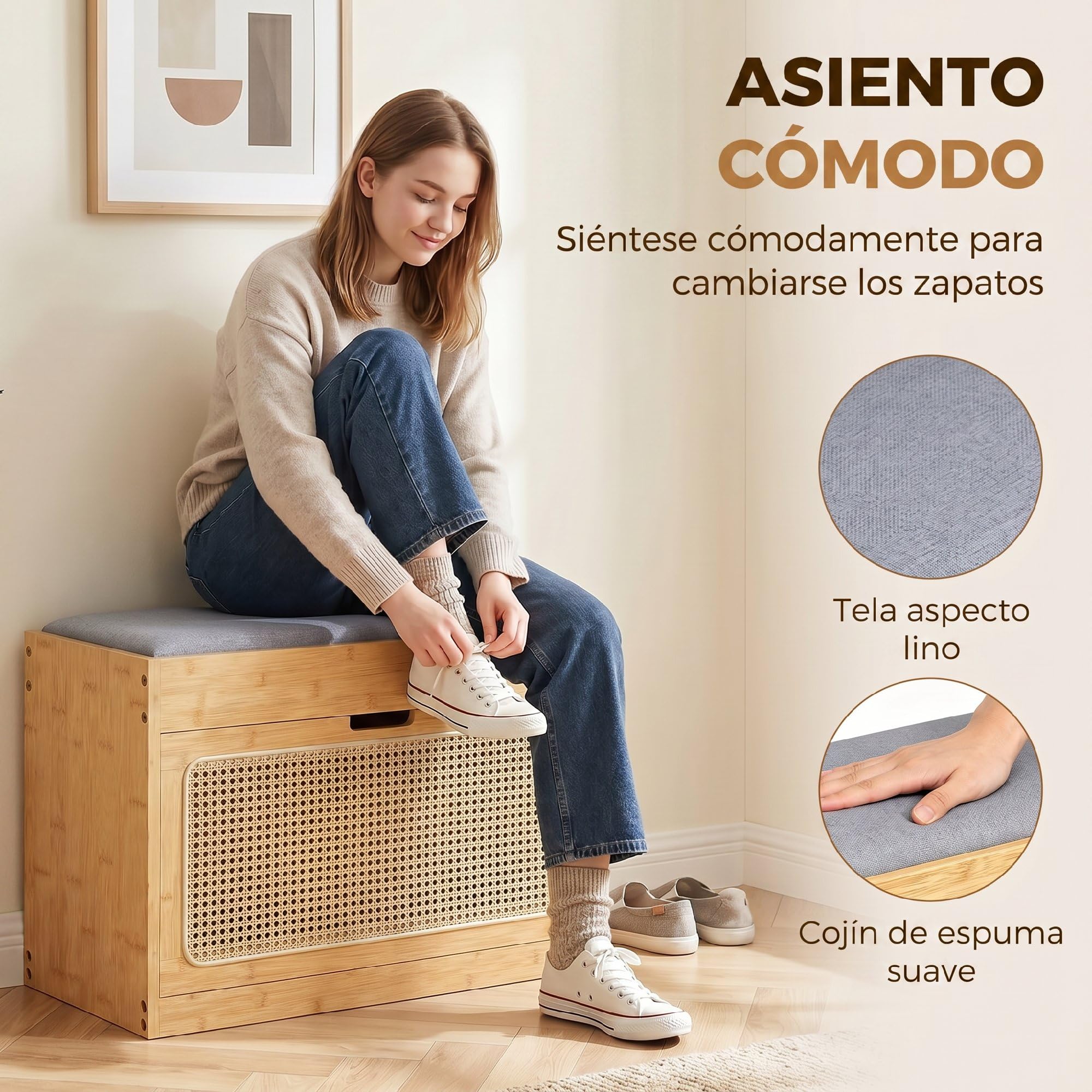 HOMCOM Banco Zapatero con Asiento Acolchado 63x29x48 cm Natural y Gris | Banco Recibidor, Cajón Abatible, Puerta de Ratán, Estante Ajustable, para Entrada, Pasillo, Salón