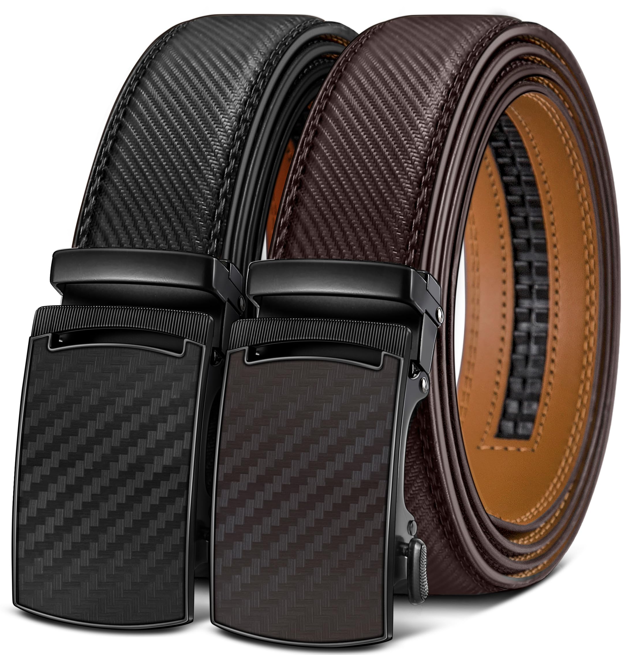 KEMISANT Gürtel Herren 2er, Gürtel Ratsche Automatikschließe Ledergürtel für Herren Verstellbar 35mm Breit mit Geschenkbox