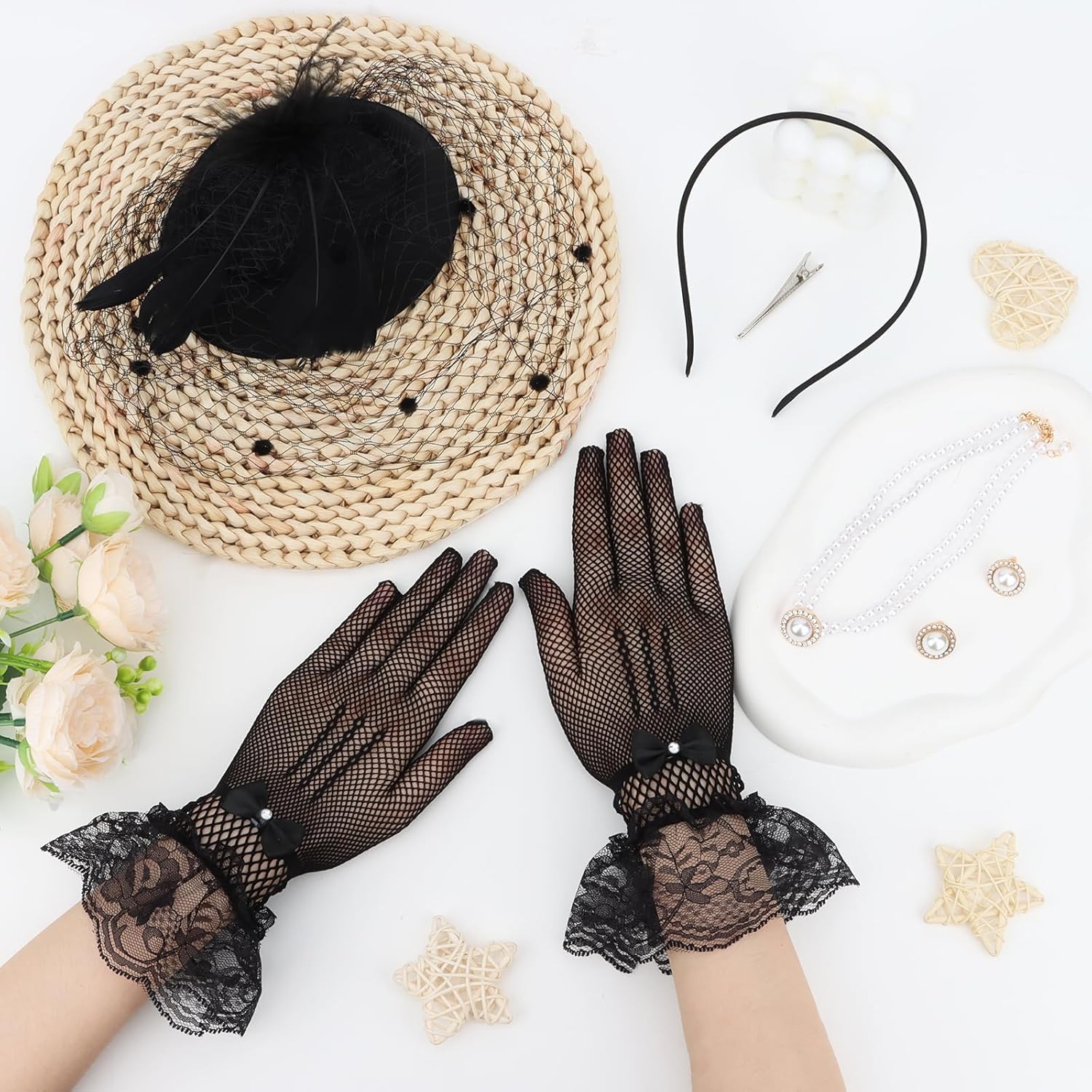 50s Fascinators Hats for Women 4PCS Derby Hat Vintage Tea Party Hats Headband Headwear with Lace Gloves Pearl Jewelry Set - Image 7