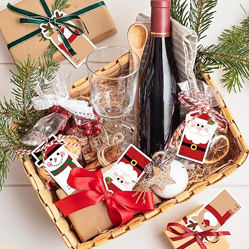 Miniatura 5 de AnyDesign - 120 etiquetas de regalo de papel de Navidad, etiquetas colgantes de dibujos animados con cuerdas, muñeco de nieve, Papá Noel, alce,