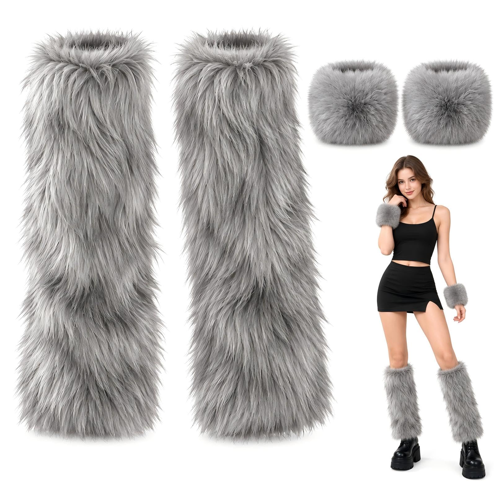 Fluffy Leg Warmers and Wrist Cuffs for Women, Grey 2-Pair Accessory Set