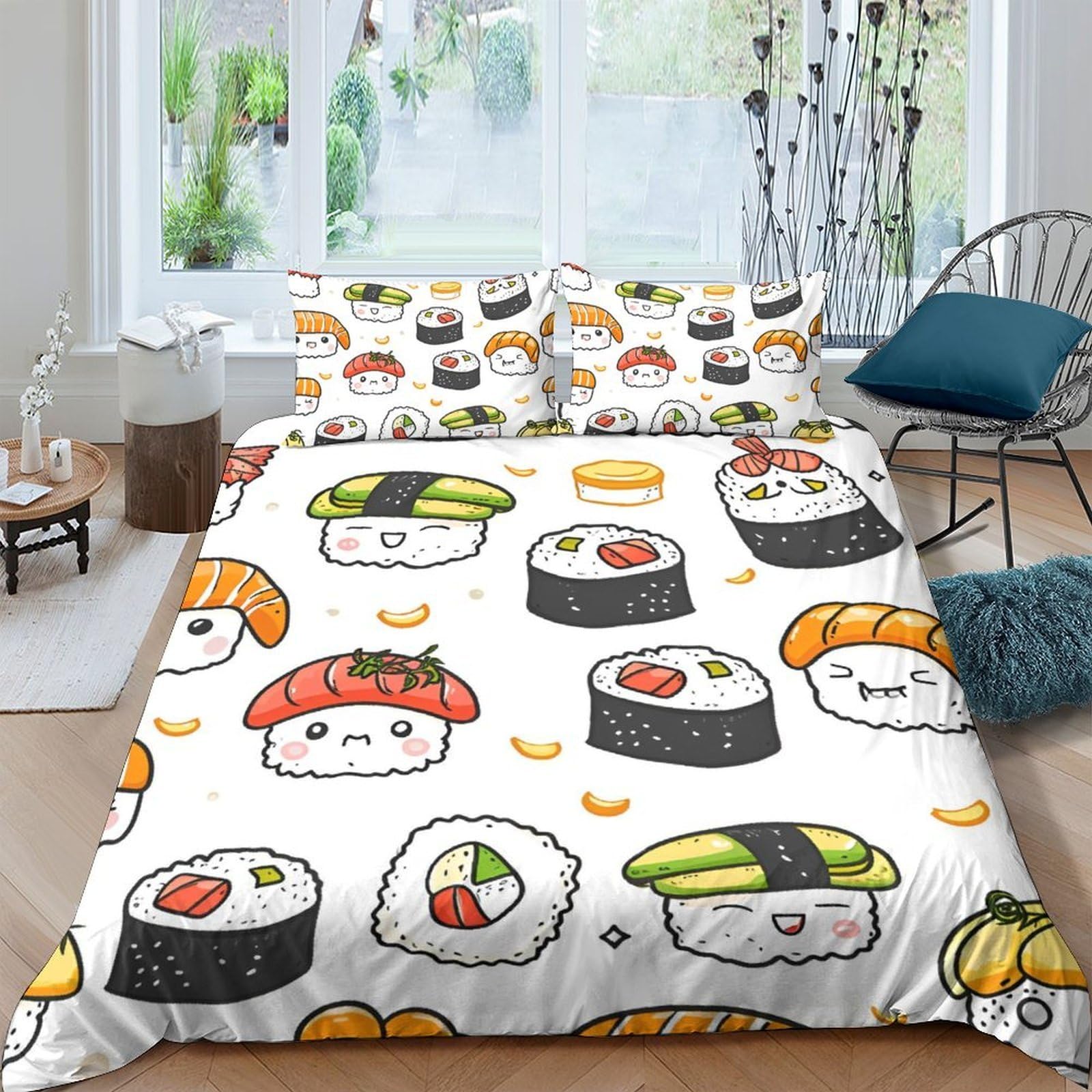 Ctjqhvkz Style-6 3D Printed Sushi Cartoon Fitted Sheet Microfiber Soft Anti-Slip Japanese Food Bed Cover For Bedroom Guest Decor Single（135X200cm）