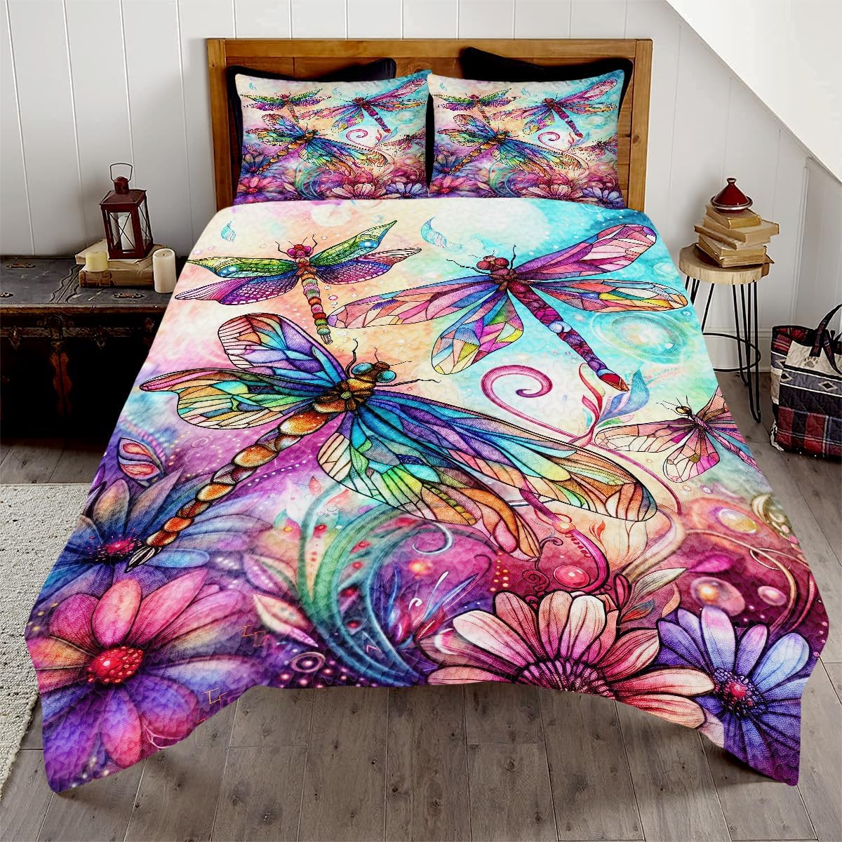 Personalized Dragonfly Patchwork Pattern Quilt Set, Animal Style, Dragonfly Quilt Set Bedspread, Custom Nature Autumn Quilt Bedset, Cotton Bedding for Bedroom Girl Room (Retro Dragonfly)