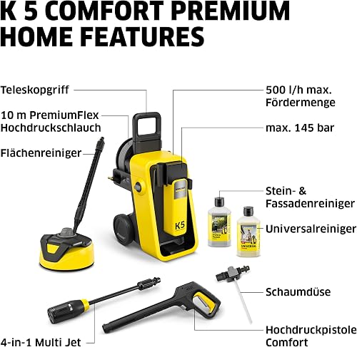 Kärcher Nettoyeur Haute Pression K 5 Comfort Premium Home, Pression : 145 Bar, débit : 500 l/h, Surface : 40 m²/h, Tuyau Haute Pression Extra Flexible, Enrouleur de Tuyau, Multi Jet 4 en 1, Home Kit - 10