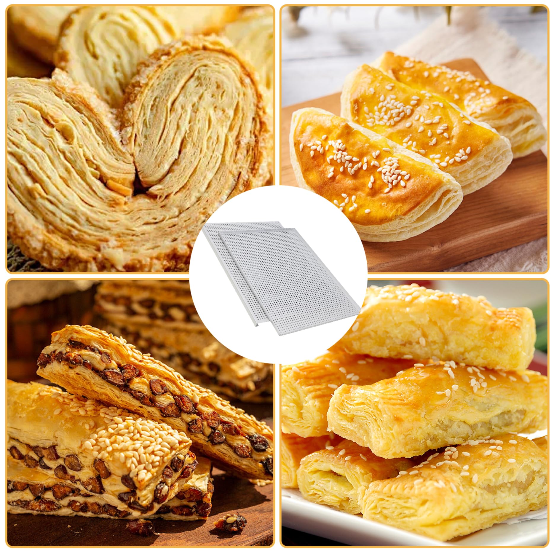 Hojas antiadherentes de hojaldre – 2 bandejas perforadas de aluminio de grado alimenticio de 2 mm de grosor, molde multiusos para postres y carnes, ideal para Mille Feuille y más