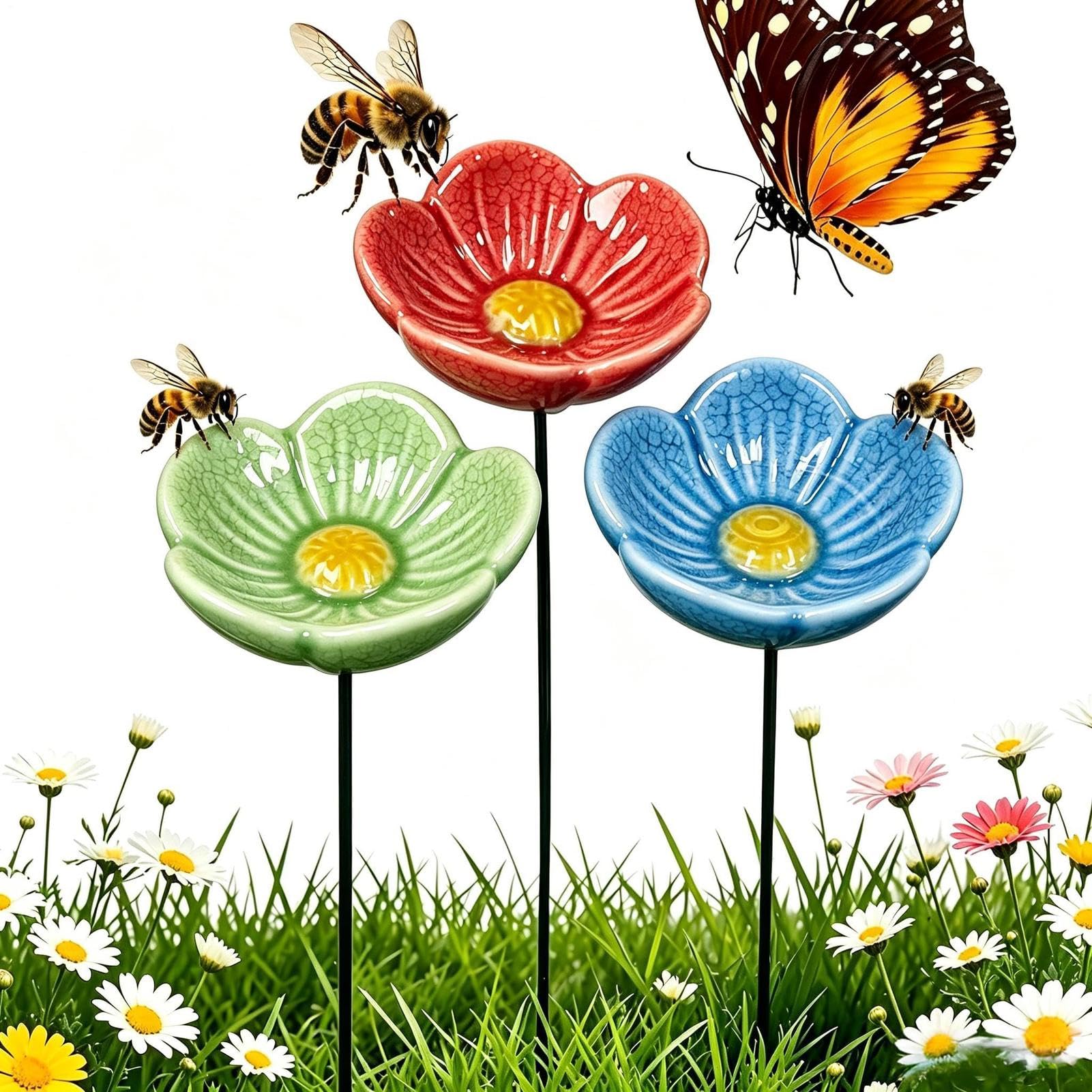 Bee Watering Station, 3pcs Ceramic Flower Bee Waterer, Colorful Garden Pollinators Drinking Cups, For Garden Lawn Pathway Driveway Patio