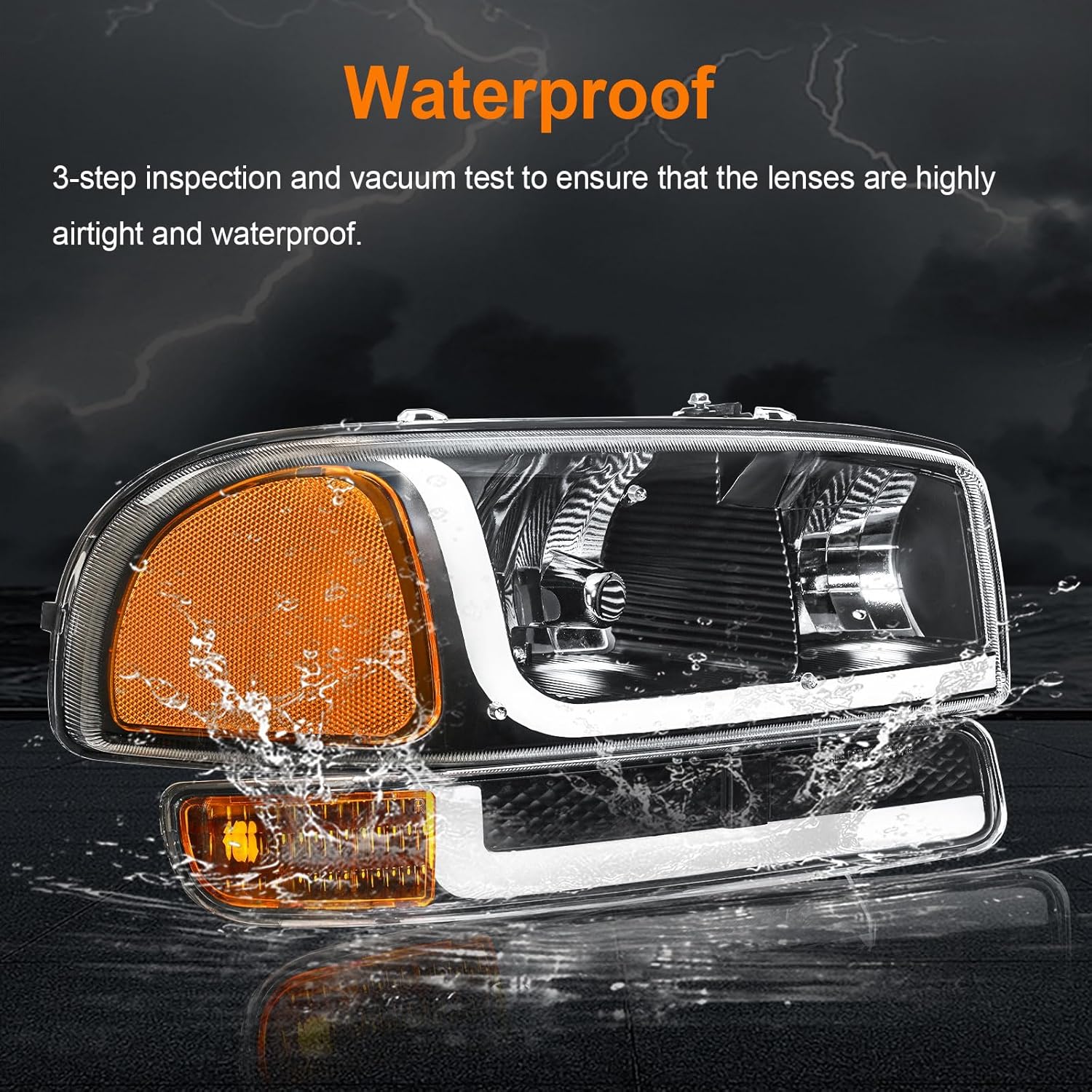 LED DRL Headlight, Headlights Assembly Kit Compatible with 1999-2007 GMC Sierra 1500/2001-2007 GMC Sierra 1500HD 2500HD 3500, Fit 1999-2006 Yukon Headlamp Black Housing Amber Reflector
