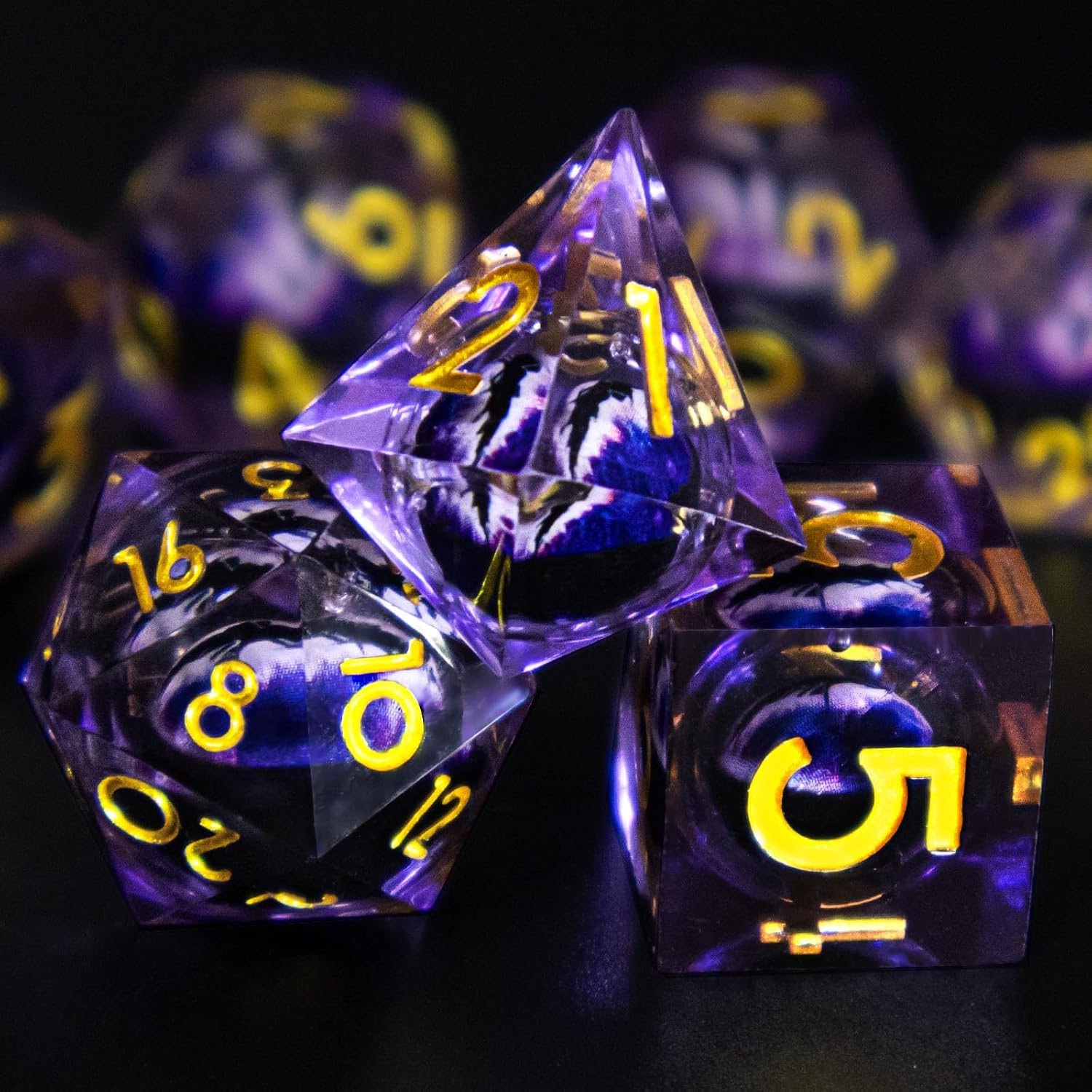 DND Resin Dice Dragon Eye Liquid Core Dice Set Sharp Edged Dice Set with Box, Dungeons and Dragons Polyhedral Dice, D&D RPG Role Playing Games (Purple)