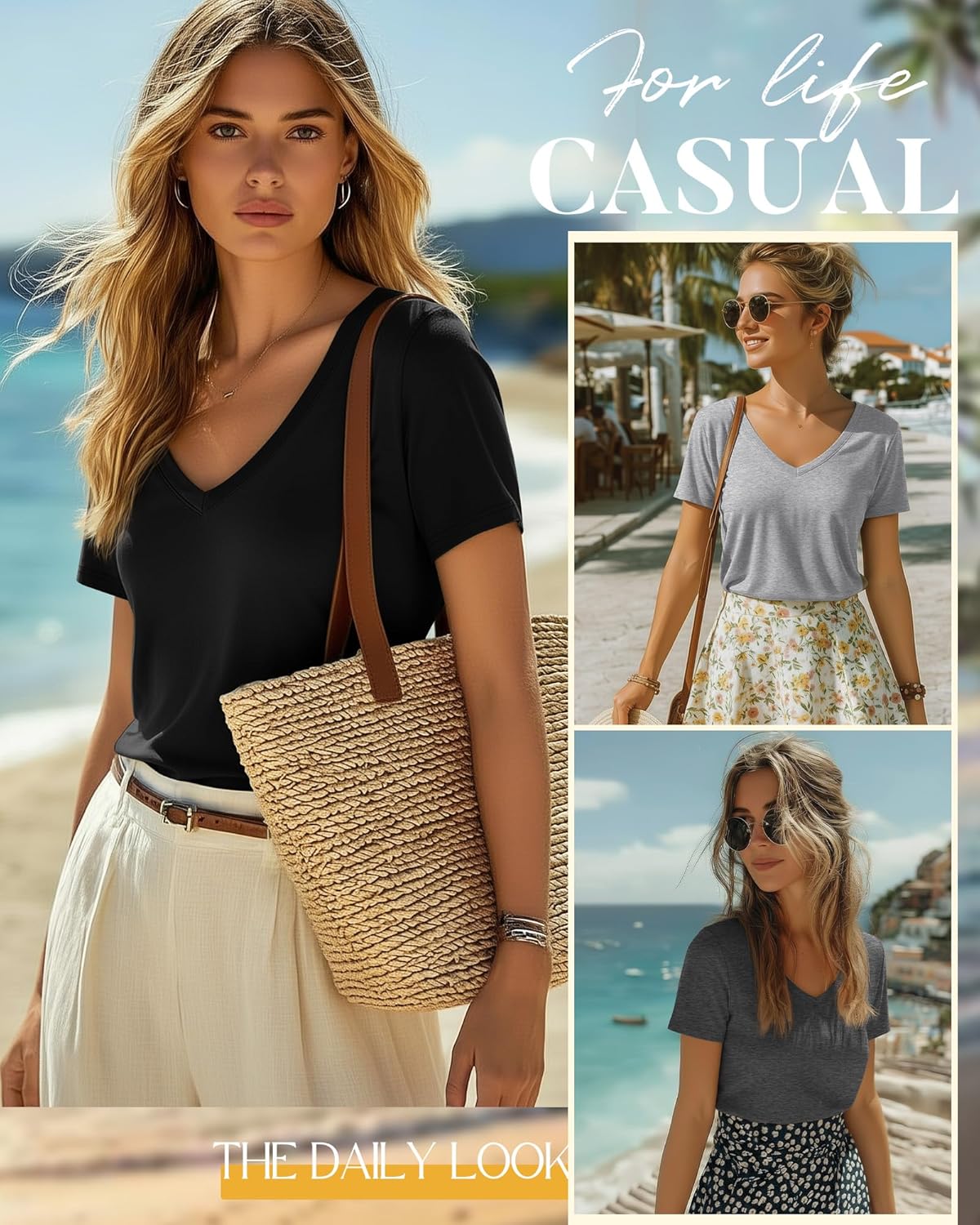 Neer 4 Pack Women's V Neck T-Shirts Short Sleeve Summer Casual Tops Loose Fit Flat Hem Plain Basic Tees - Image 5