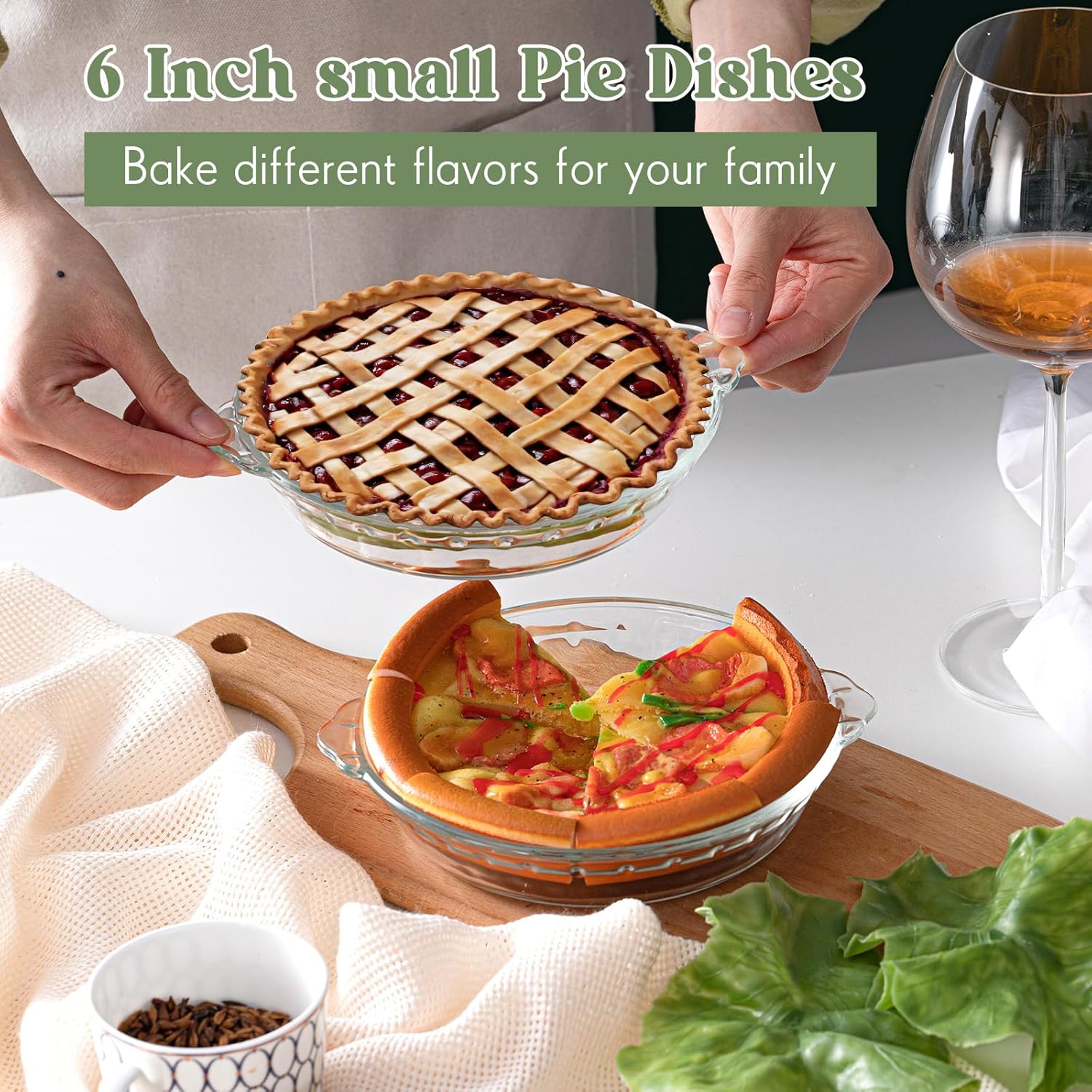 Uiifan 2 Packs 6 Inches Mini Glass Pie Pan for Baking 11.6 oz Clear Pie Plate with Handles Round Glass Dish for Baking and Serving, Snacks, Salads, Desserts