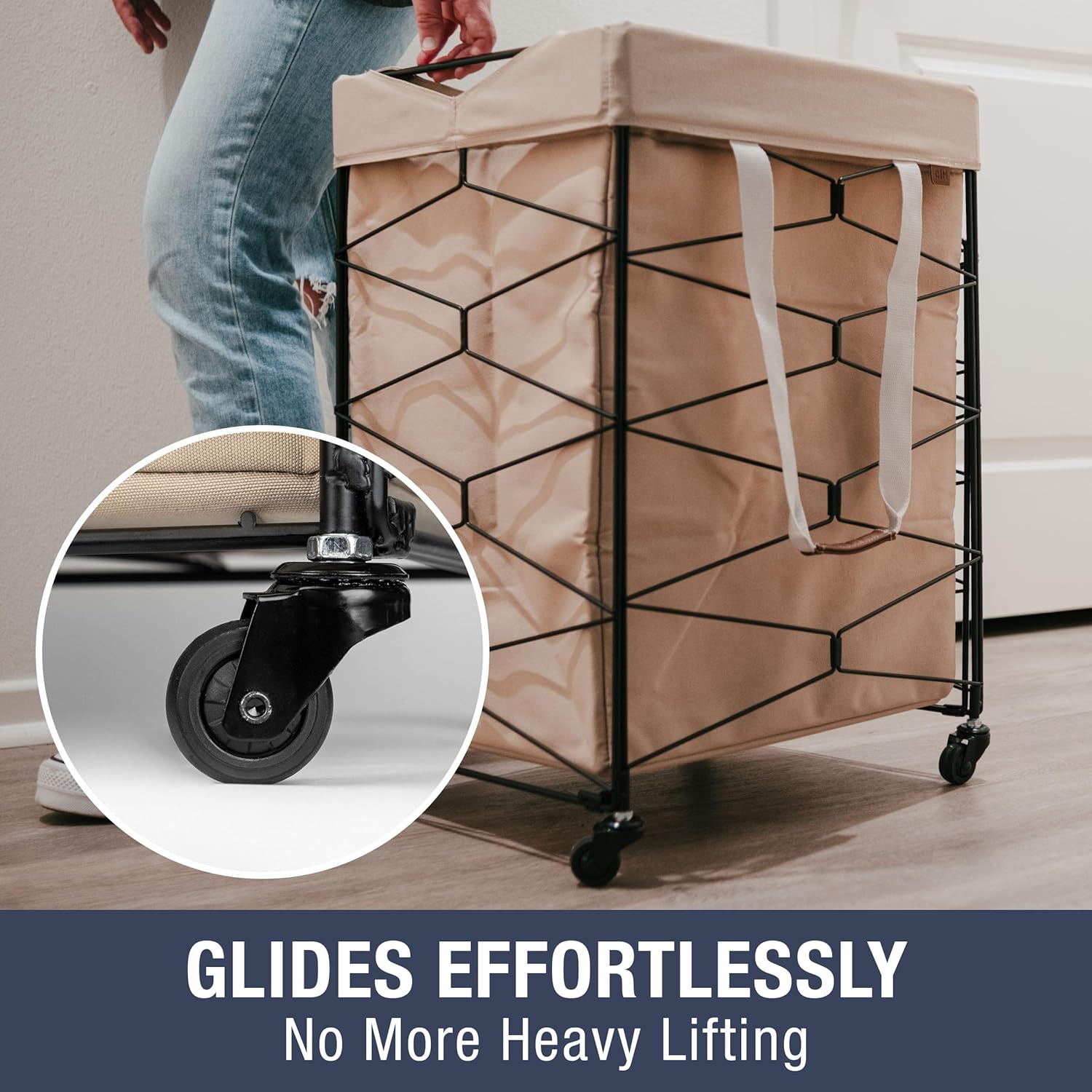 CleverMade Flex Frame Hamper LUXE – 98L Wheeled Laundry Hamper with Removable Liner, Rolling Steel Frame, Collapsible Design, 40 lb Capacity, Large Modern Clothes Hamper - Charcoal