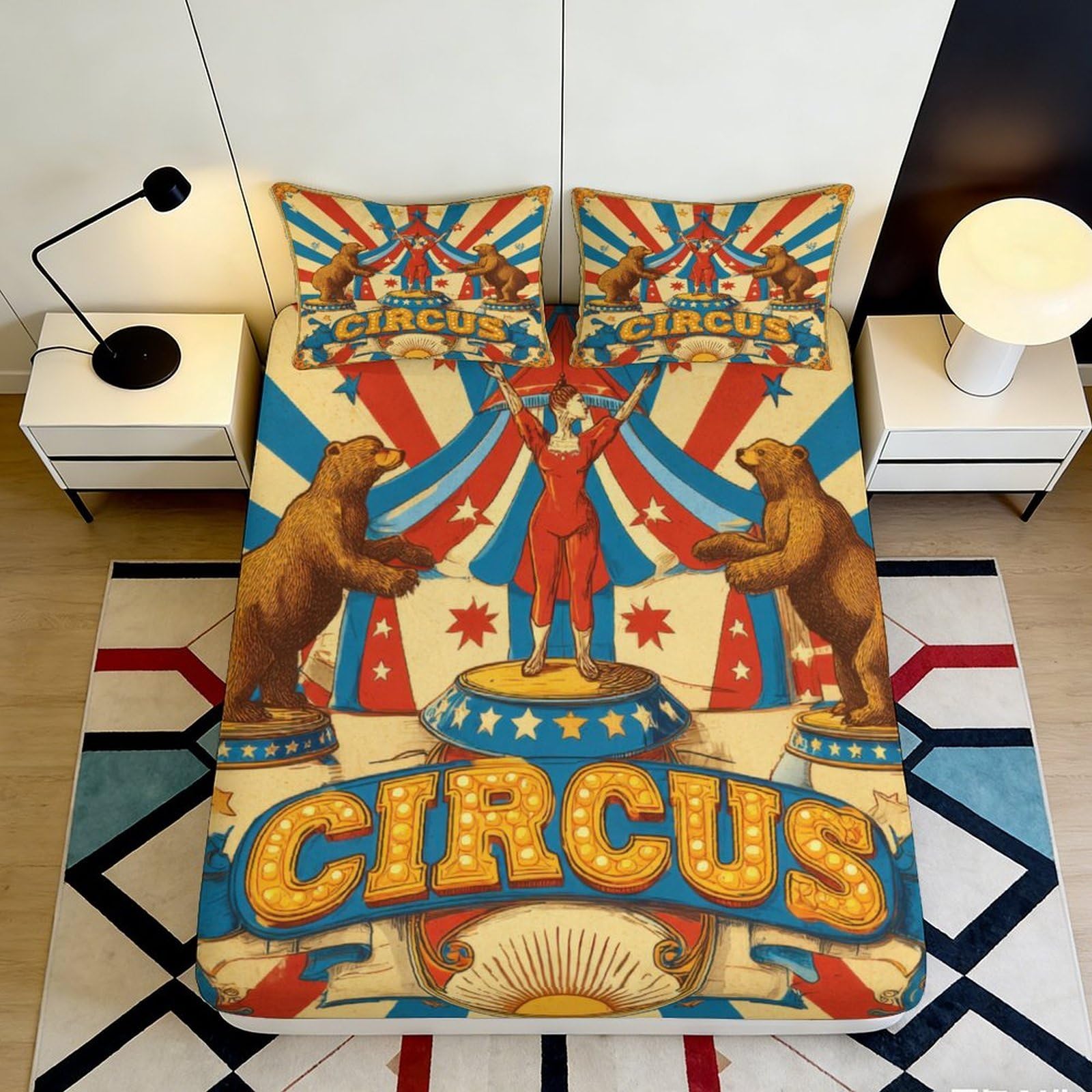 Vibrant circus theme Fitted Sheet for bedroom decor, 3D Printed with microfiber soft touch, guest room bedding, anti-slip, wrinkle resistant 90x200x25cm