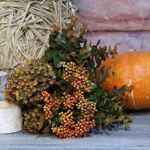 Miniatura 4 de Flores artificiales de otoño para mamás al aire libre, 6 paquetes de plantas falsas que no se decoloran, arbustos verdes de plástico sintético para