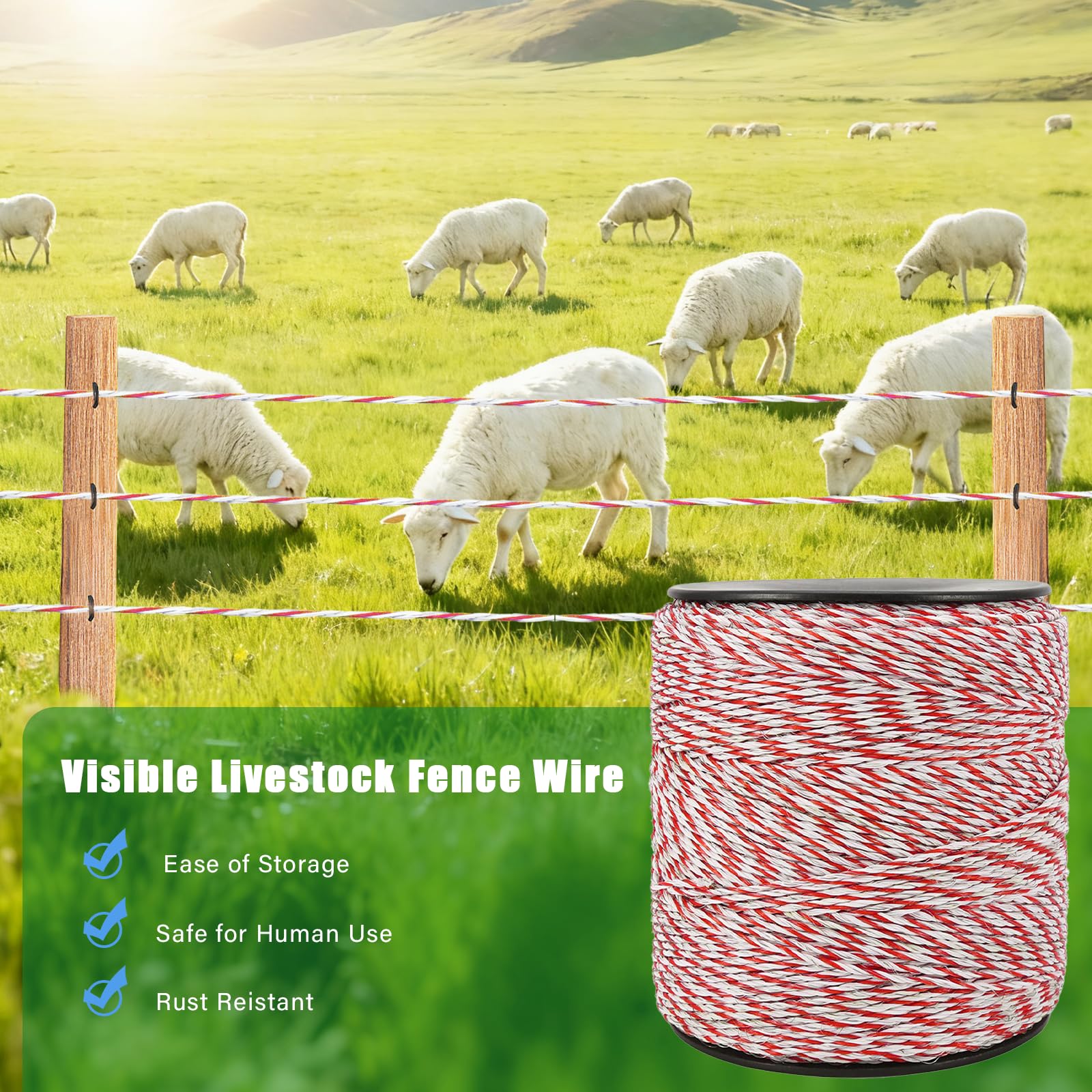 Qivine 1000M Hilo Pastor Electrico para Caballos, Conductor Cable de Acero Inoxidable, Alambre de Polietileno de Alta Conductividad para para Cercas de Ovejas y Caballos de Granja (Rojo Blanco)