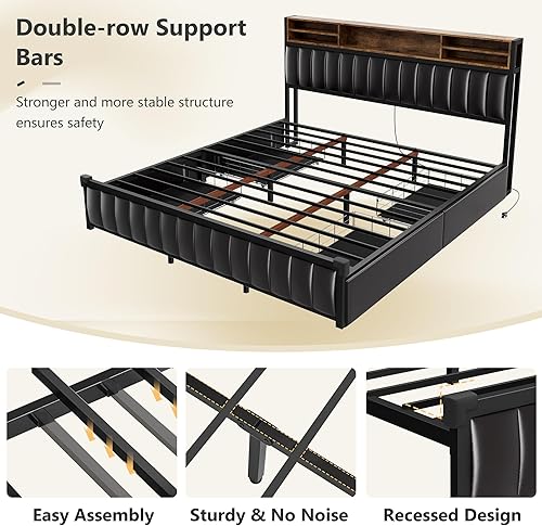 Miniatura 8 de Alohappy Base de cama de tamaño matrimonial con cabecera de estantería y 4 cajones de almacenamiento, marco de cama de plataforma de metal, listones