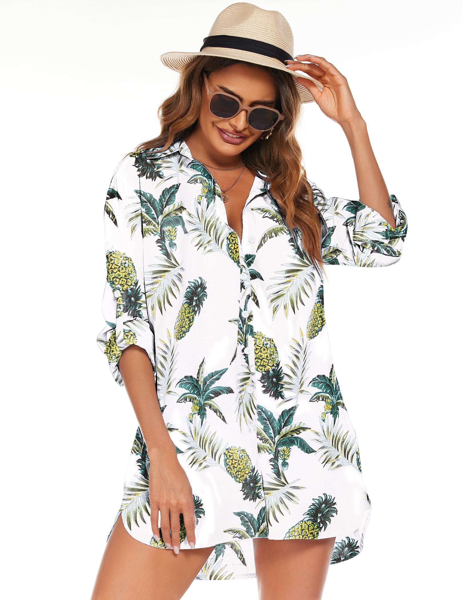 HOTOUCH Women Boyfriend Shirts Button Down Long Sleeve Blouse Cuffed Sleeve Collared Shirt