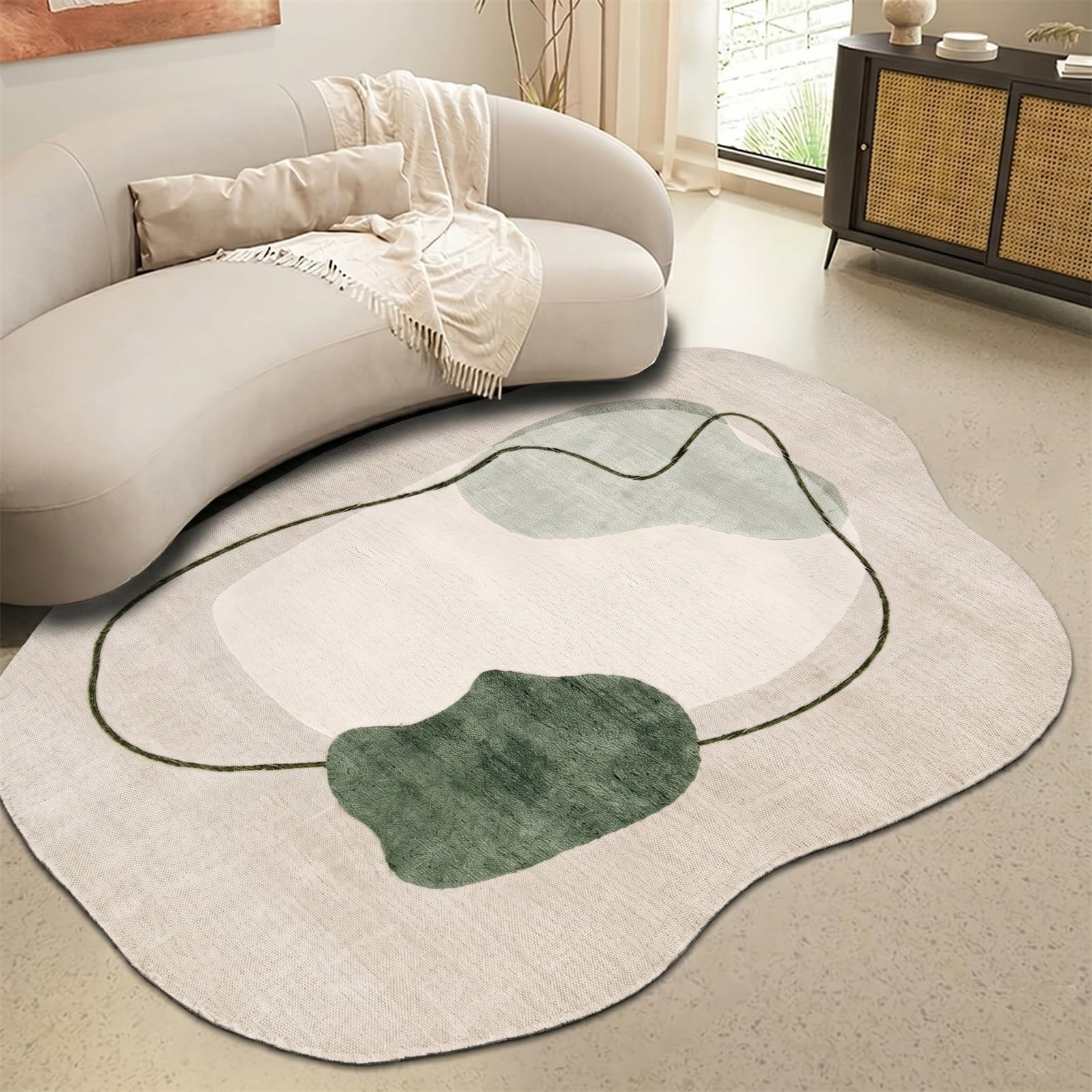 LHOMKCV Irregular Abstract Area Rug, 180x300cm Soft Modern Non-Slip Washable Rug, Minimalist Green & Beige Artistic Carpet for Living Room, Bedroom & Indoor Decor