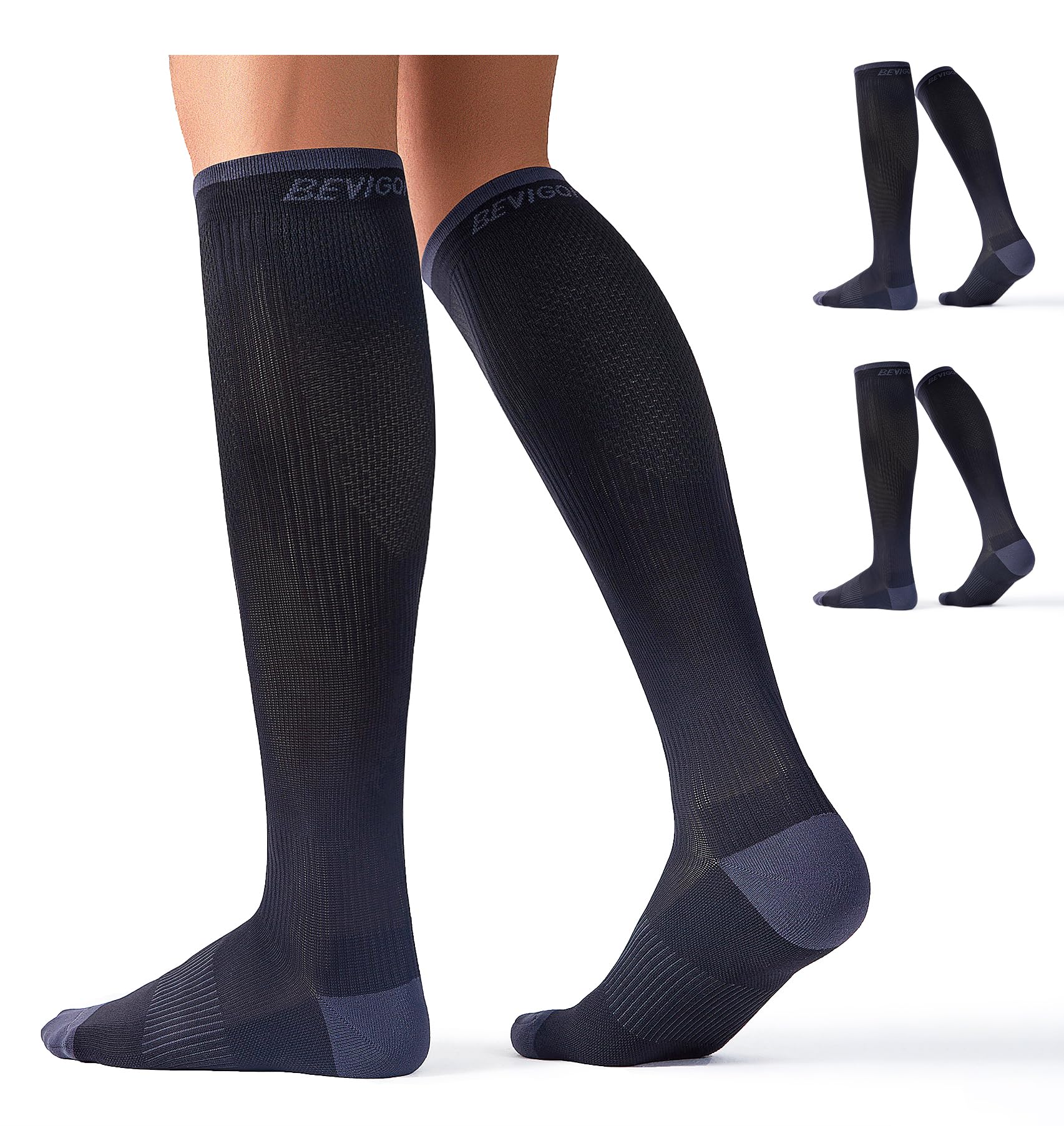 Bevigorio 3pairs Compression Socks for Women Men 15-20mmHg Circulation Cushion Knee High Support Socks Athletic Daily