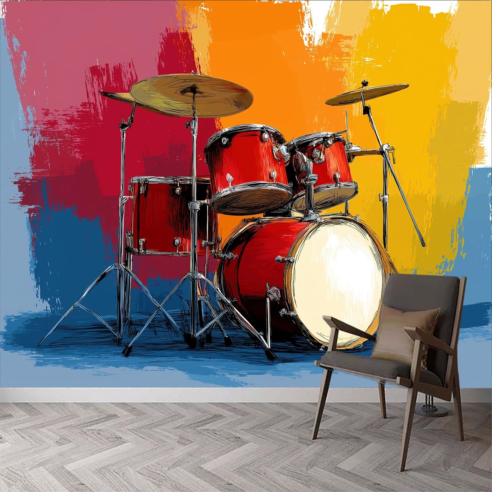 Papel pintado panorámico Dibujos Animados Música Batería, papel pintado estilo pintor extraíble - mural fácil de colocar - Decoración de pared para sala de estar, dormitorio infantil, 350 x 256 cm (L