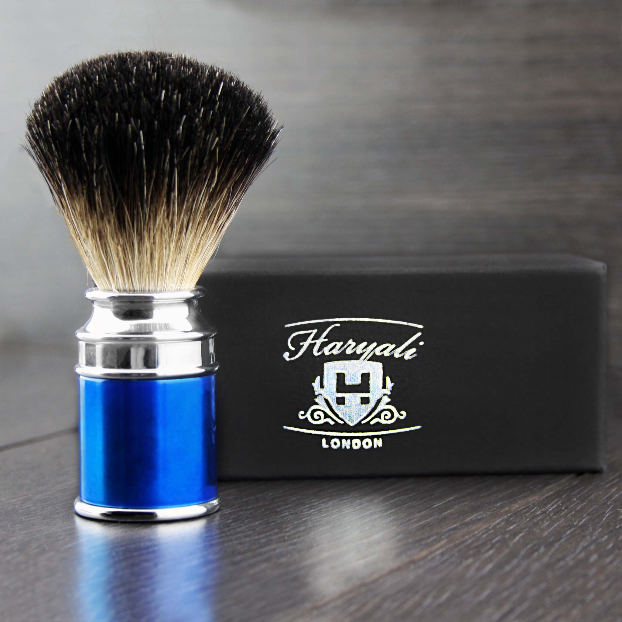 Hand Assembled in Stunning Blue Handle with Black Badger Hair.Men' Shaving Brush.